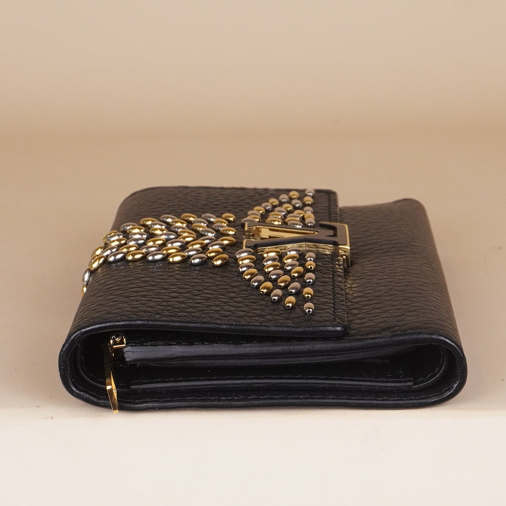 PRE-OWNED LV Capucine Compact Tri-Fold Wallet Black Leather