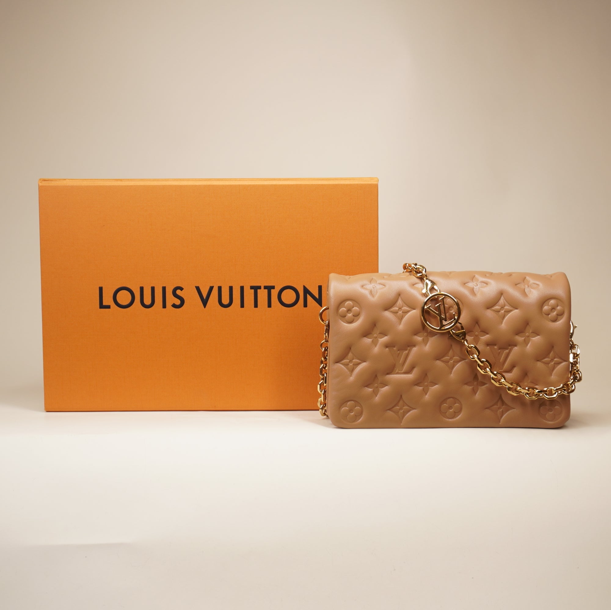 PRE-OWNED LV Camel Lambskin Embossed Monogram Pochette Coussin Shoulder Bag