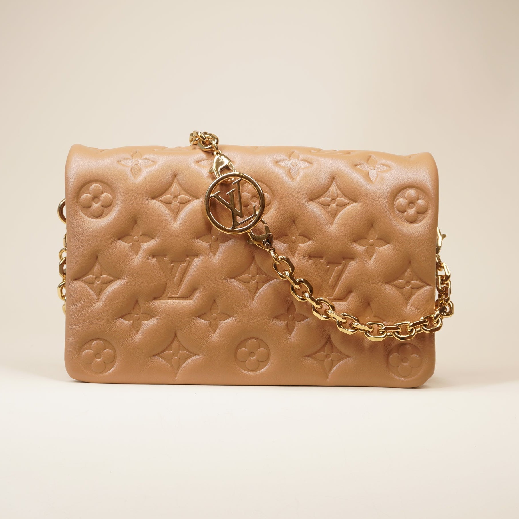 PRE-OWNED LV Camel Lambskin Embossed Monogram Pochette Coussin Shoulder Bag