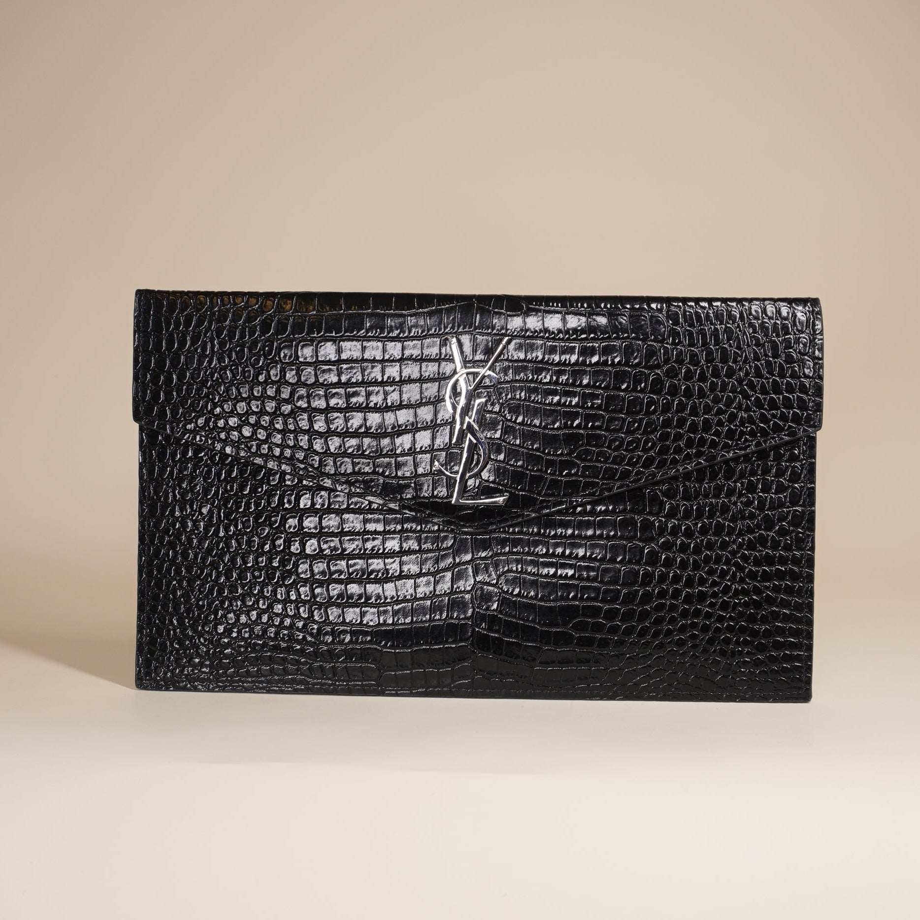 PRE-OWNED Calfskin Crocodile Embossed Uptown Monogram Clutch