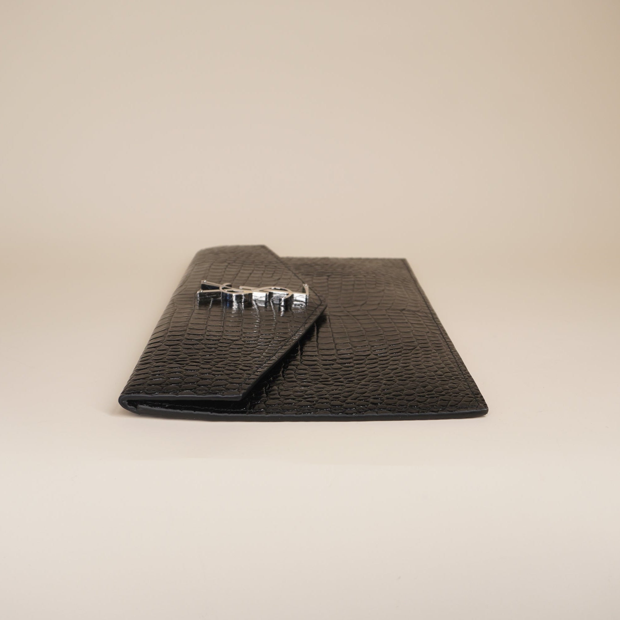 PRE-OWNED Calfskin Crocodile Embossed Uptown Monogram Clutch