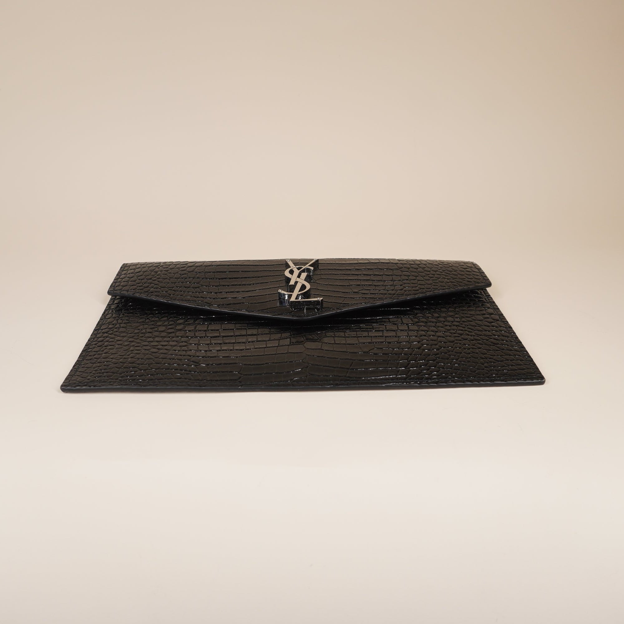 PRE-OWNED Calfskin Crocodile Embossed Uptown Monogram Clutch