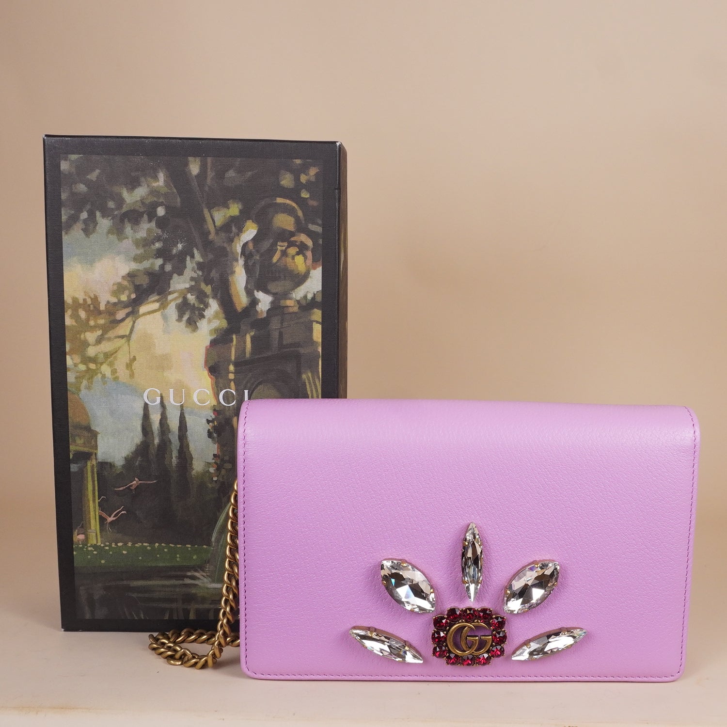 PRE-OWNED GG Pink Leather Marquise Crystal Marmont Crossbody Bag
