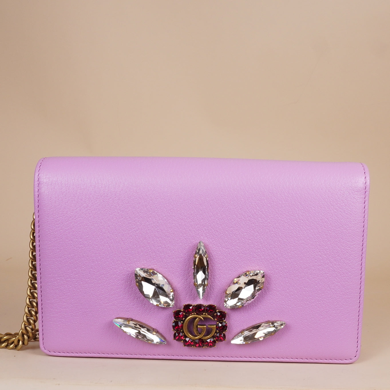 PRE-OWNED GG Pink Leather Marquise Crystal Marmont Crossbody Bag