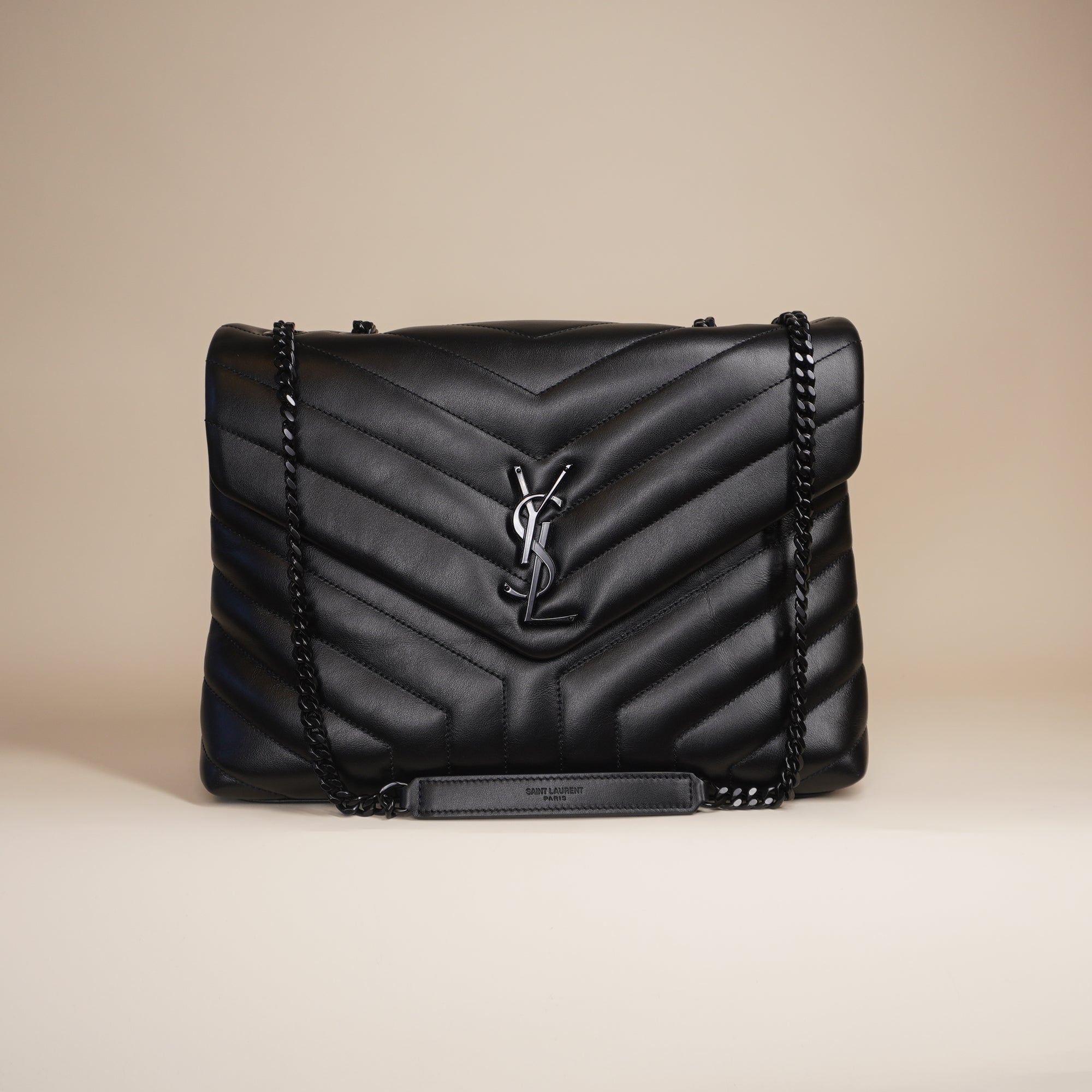 PRE-OWNED Calfskin Y Quilted Monogram Monochrome Medium Loulou Chain Satchel Black