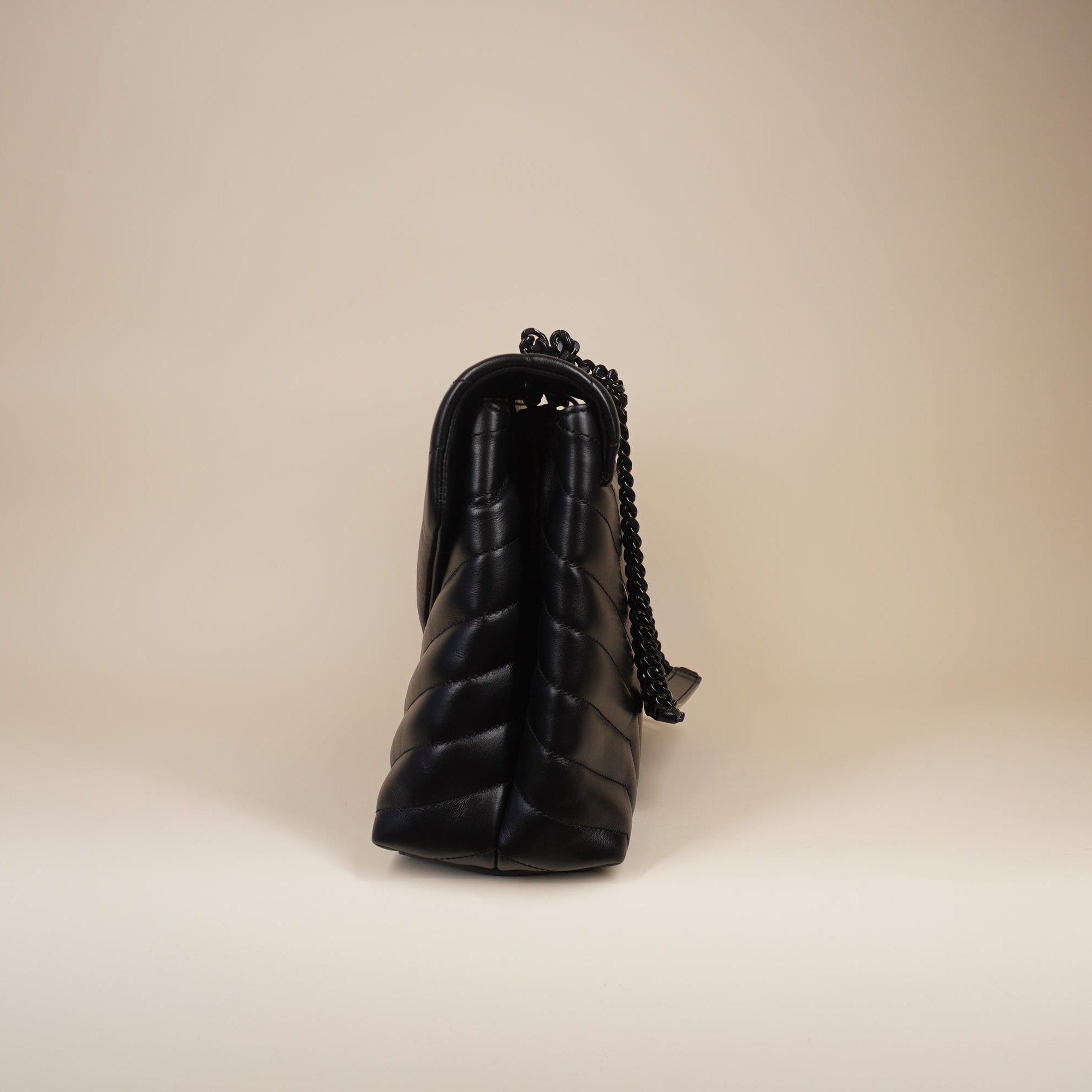 PRE-OWNED Calfskin Y Quilted Monogram Monochrome Medium Loulou Chain Satchel Black