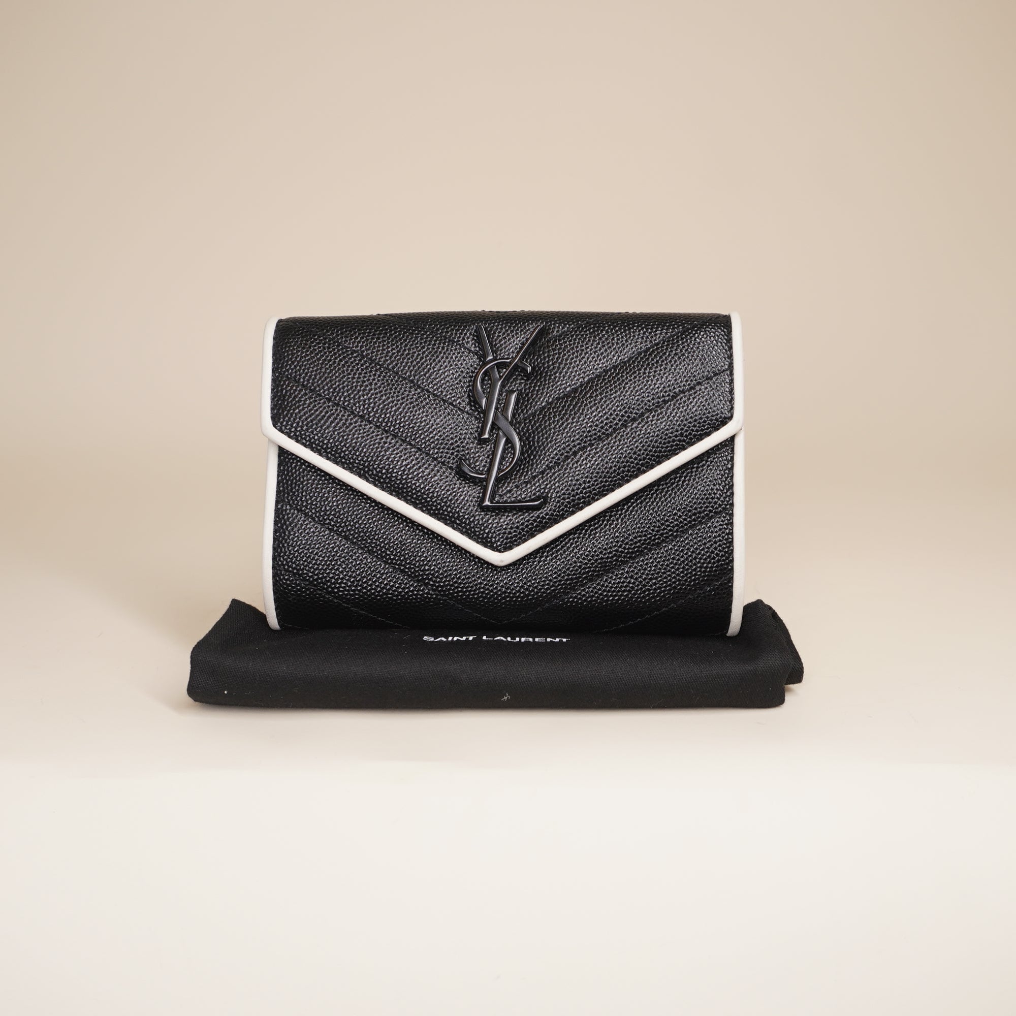 PRE-OWNED YSL Grain De Poudre Matelasse Chevron Monogram Envelope Short Wallet Black White