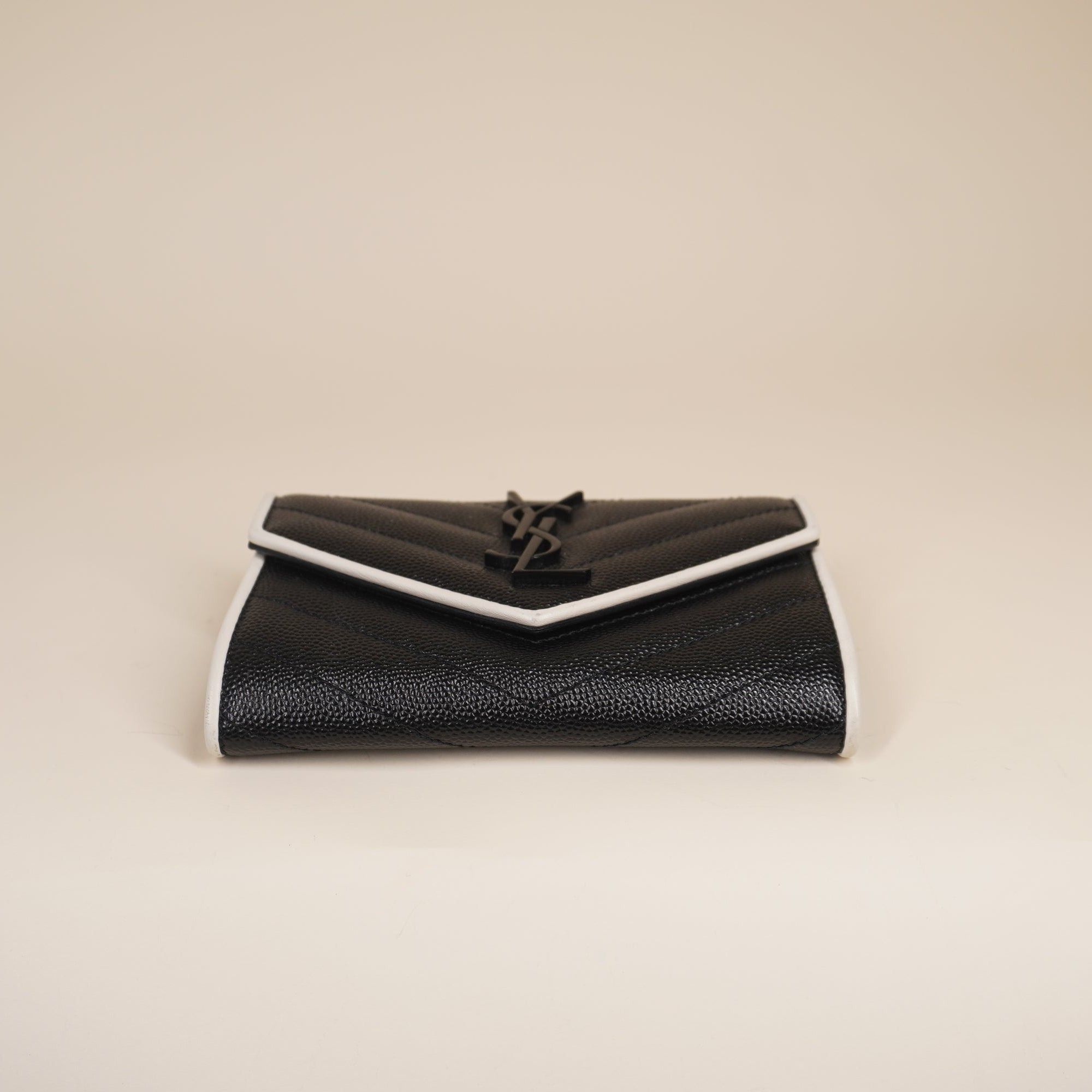 PRE-OWNED YSL Grain De Poudre Matelasse Chevron Monogram Envelope Short Wallet Black White