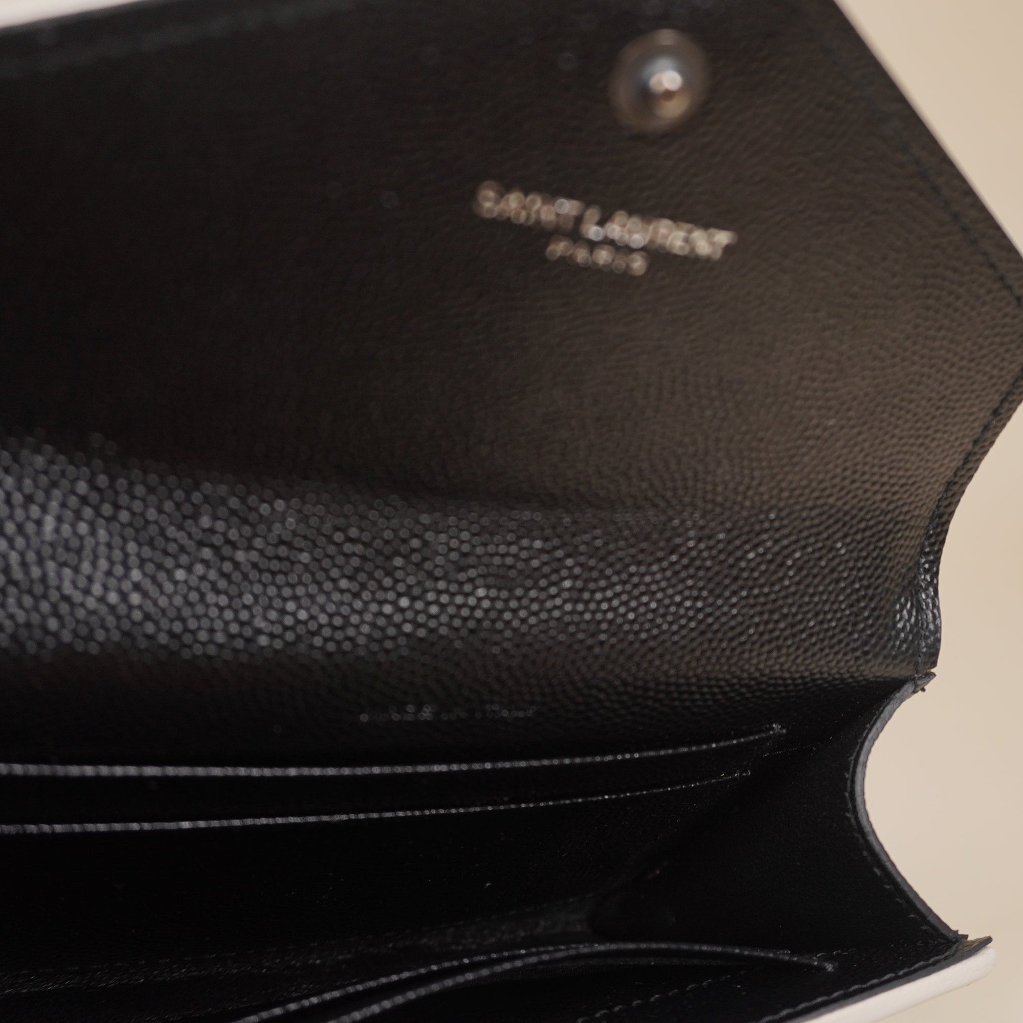 PRE-OWNED YSL Grain De Poudre Matelasse Chevron Monogram Envelope Short Wallet Black White