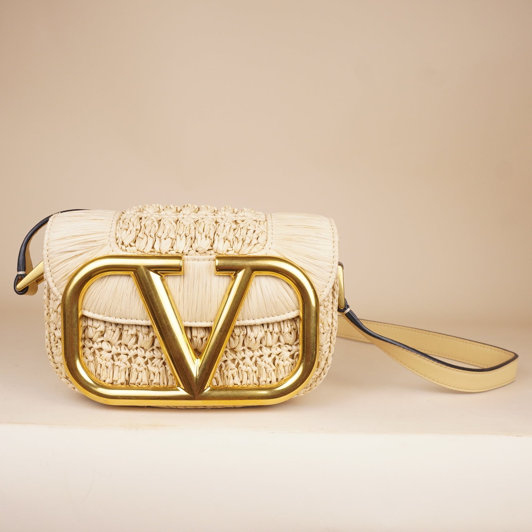 PRE-OWNED Raffia Braided Small Supervee Crossbody Bag Beige