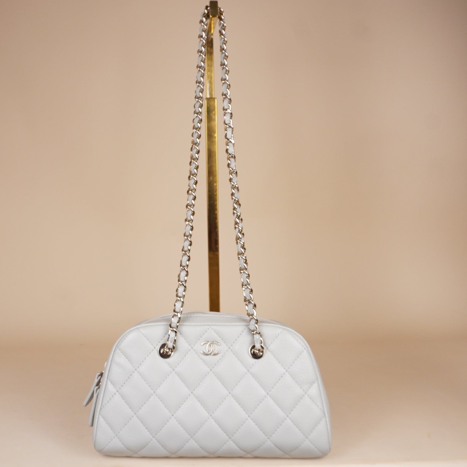 PRE-OWNED CC Mademoiselle Bowling Bag in White Calfskin