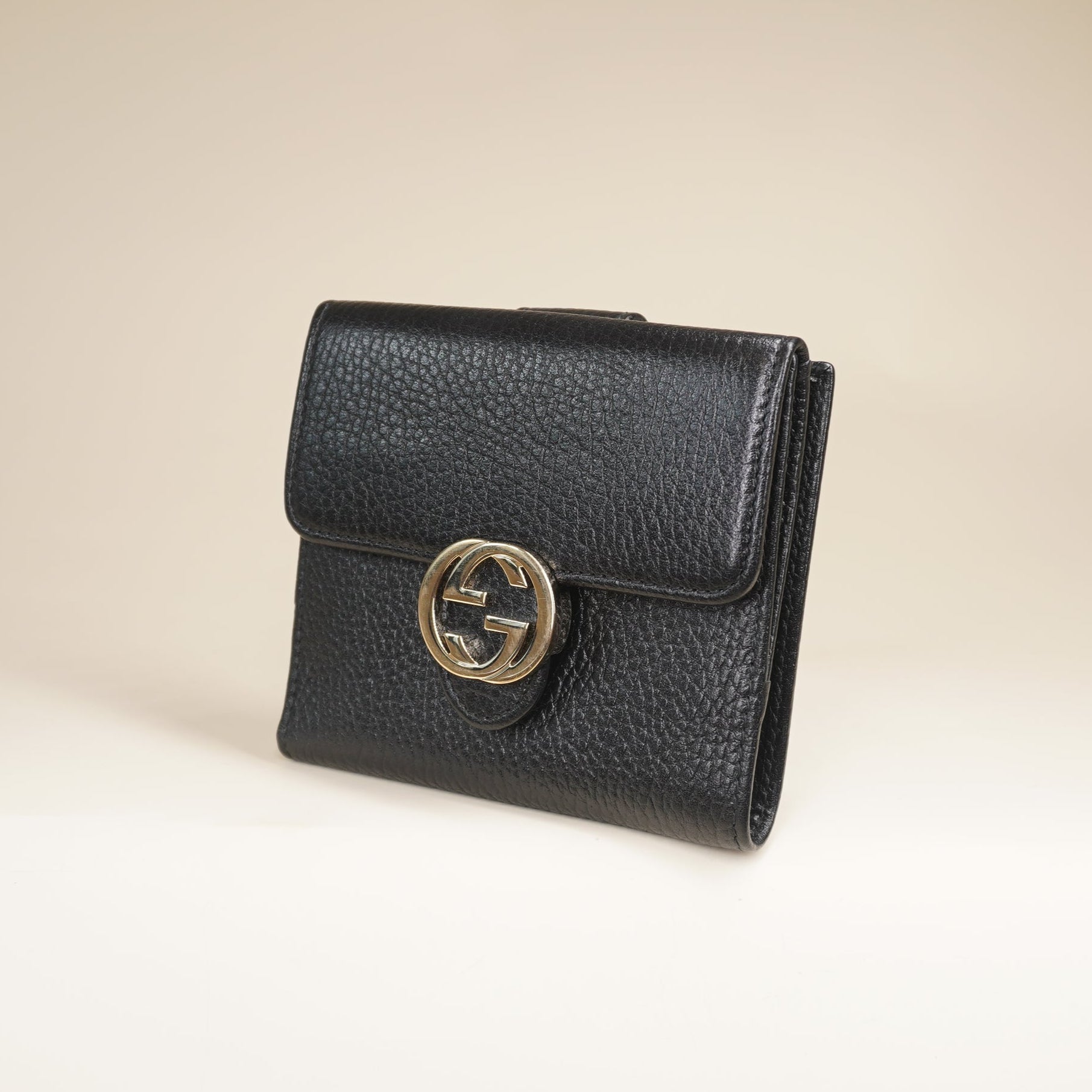 PRE-OWNED Dollar Calfskin Interlocking G French Wallet Black