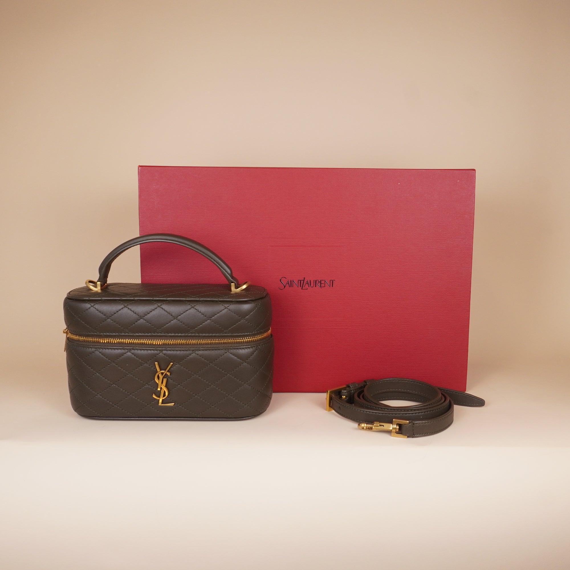 PRE-OWNED Olive Green Quilted Leather Mini Gaby Vanity Bag