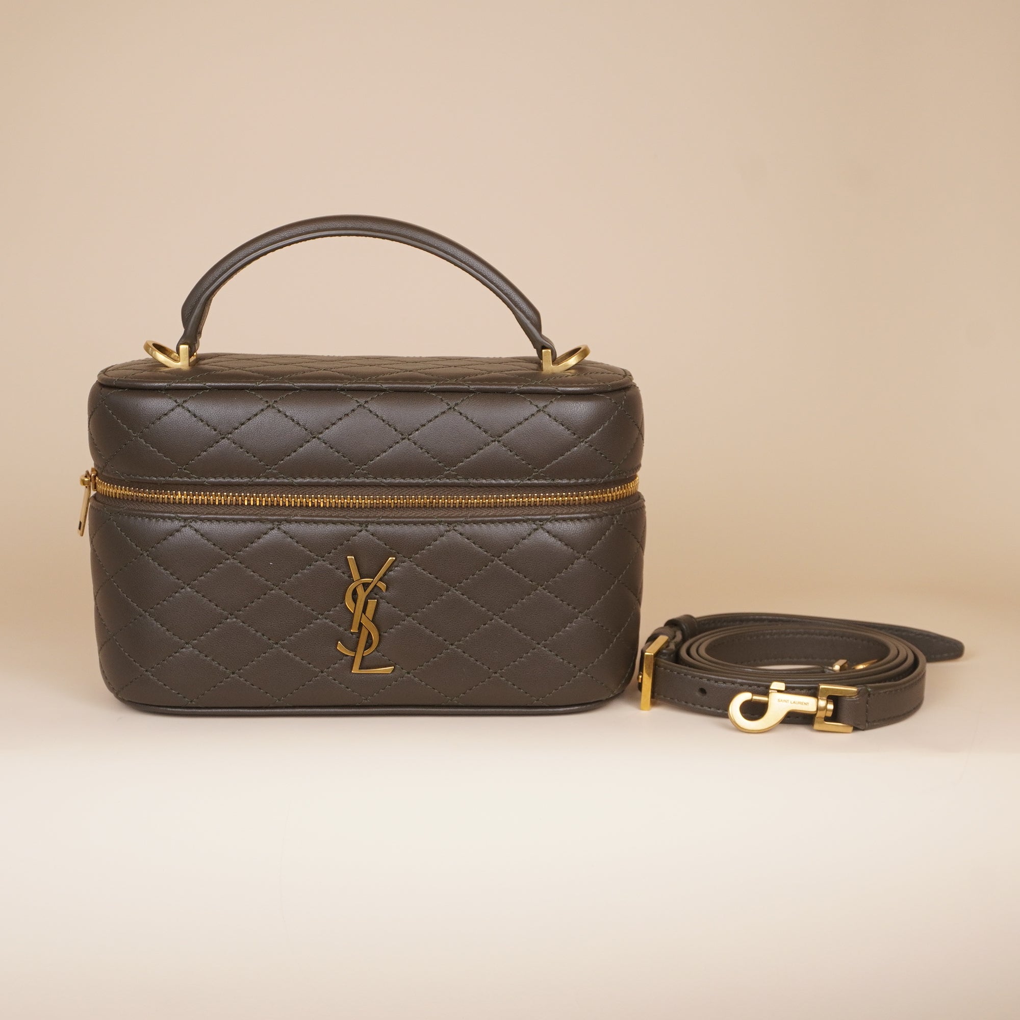 PRE-OWNED Olive Green Quilted Leather Mini Gaby Vanity Bag