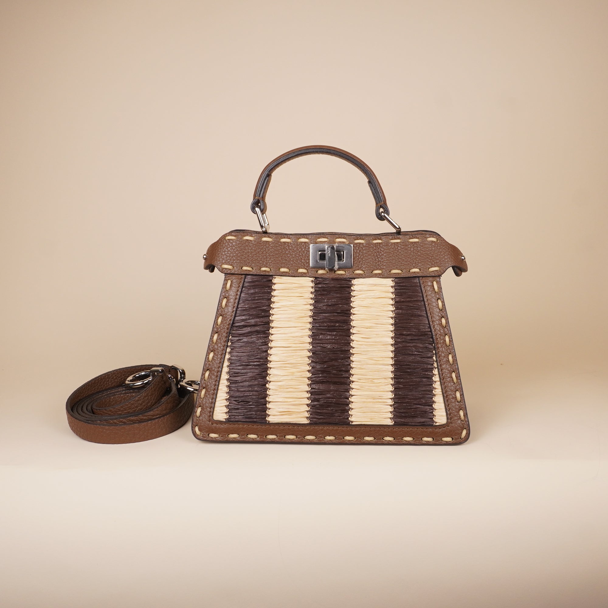 PRE-OWNED FF Cuoio Romano Raffia Woven Petite Peekaboo I SEE U Satchel in Natural and Gianduia.