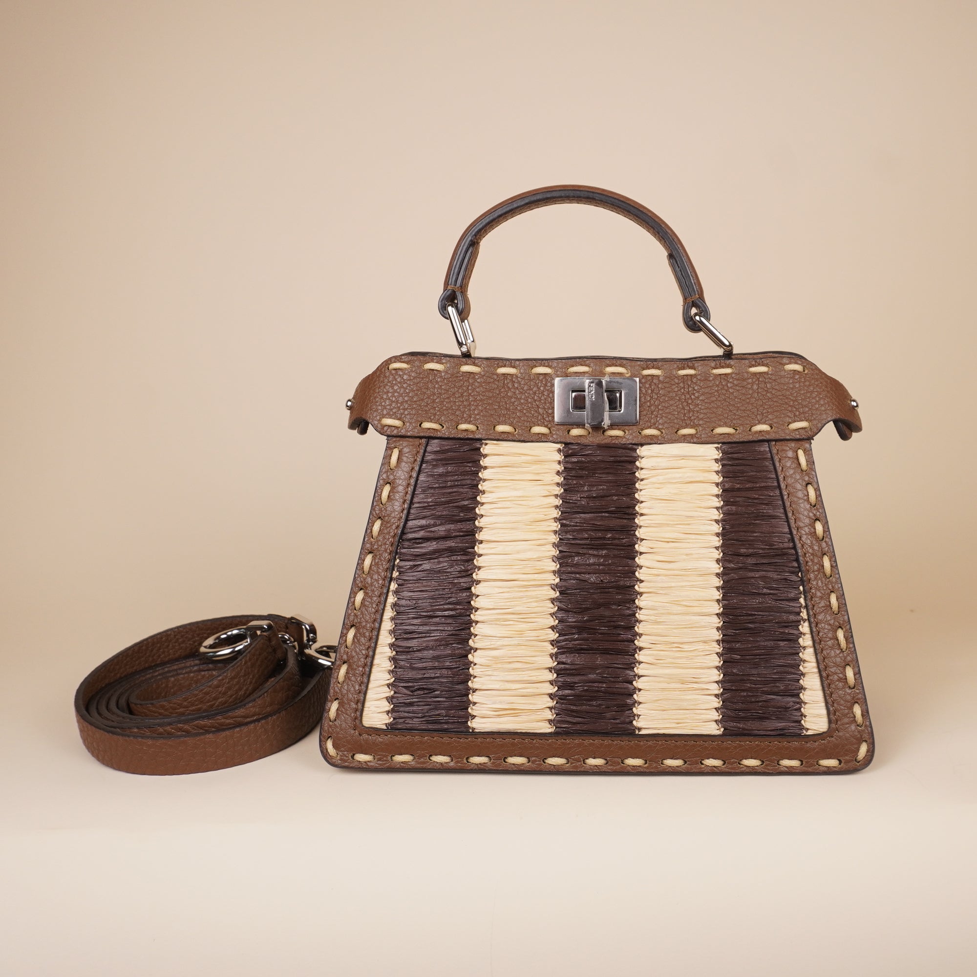 PRE-OWNED FF Cuoio Romano Raffia Woven Petite Peekaboo I SEE U Satchel in Natural and Gianduia.
