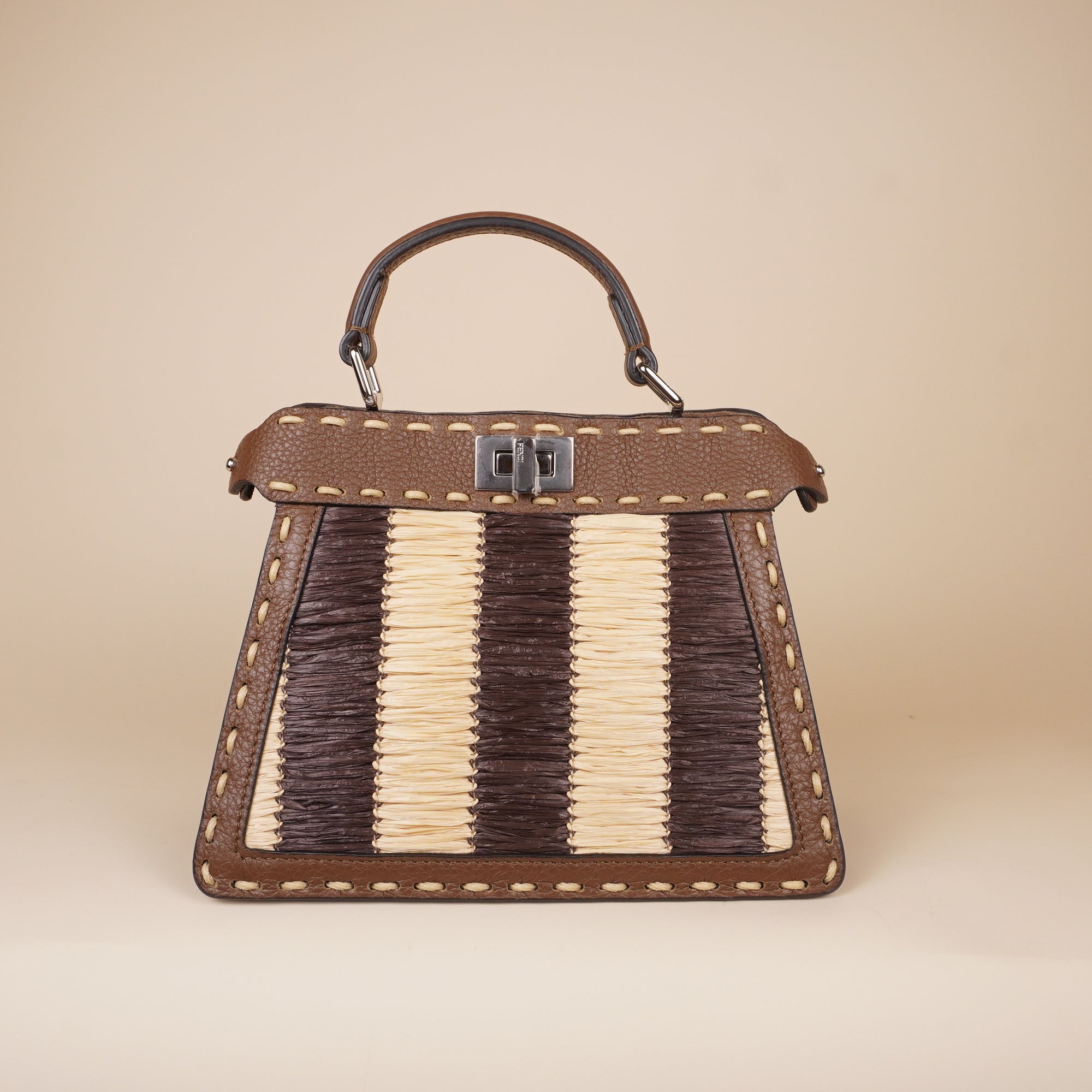 PRE-OWNED FF Cuoio Romano Raffia Woven Petite Peekaboo I SEE U Satchel in Natural and Gianduia.