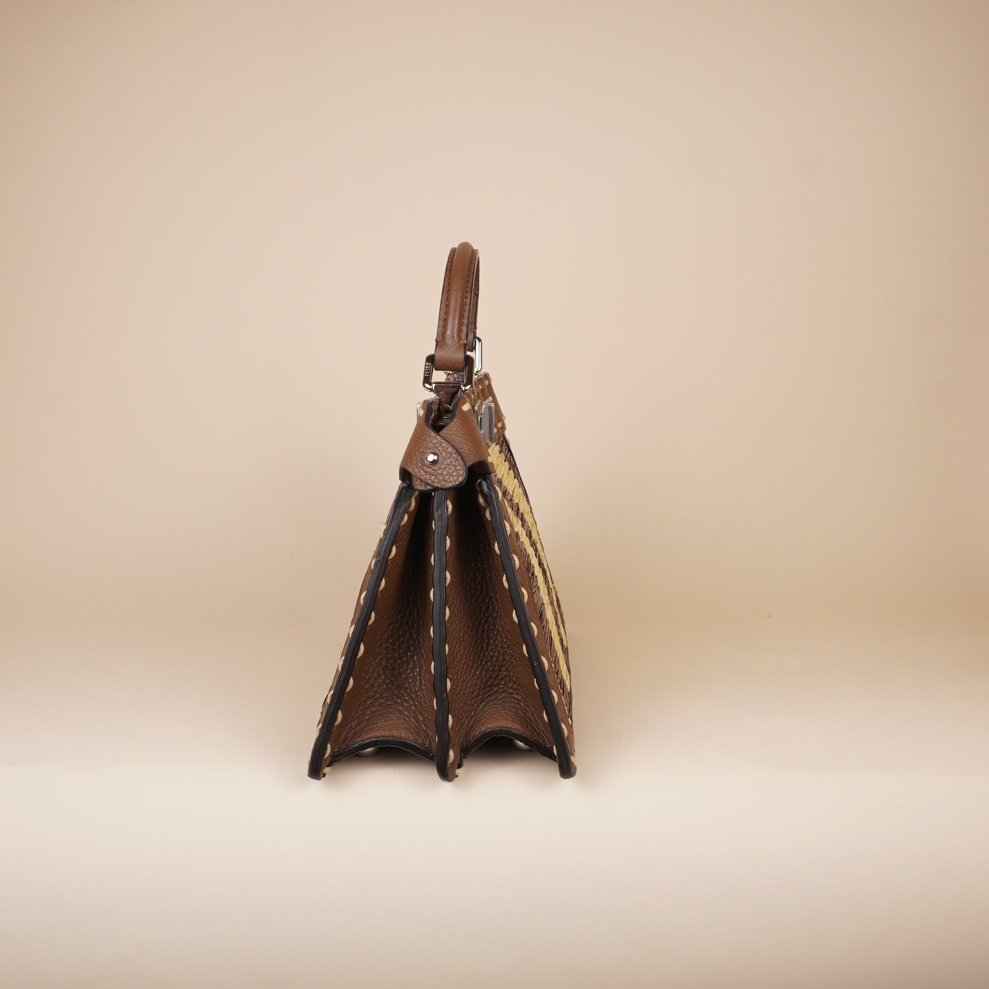 PRE-OWNED FF Cuoio Romano Raffia Woven Petite Peekaboo I SEE U Satchel in Natural and Gianduia.