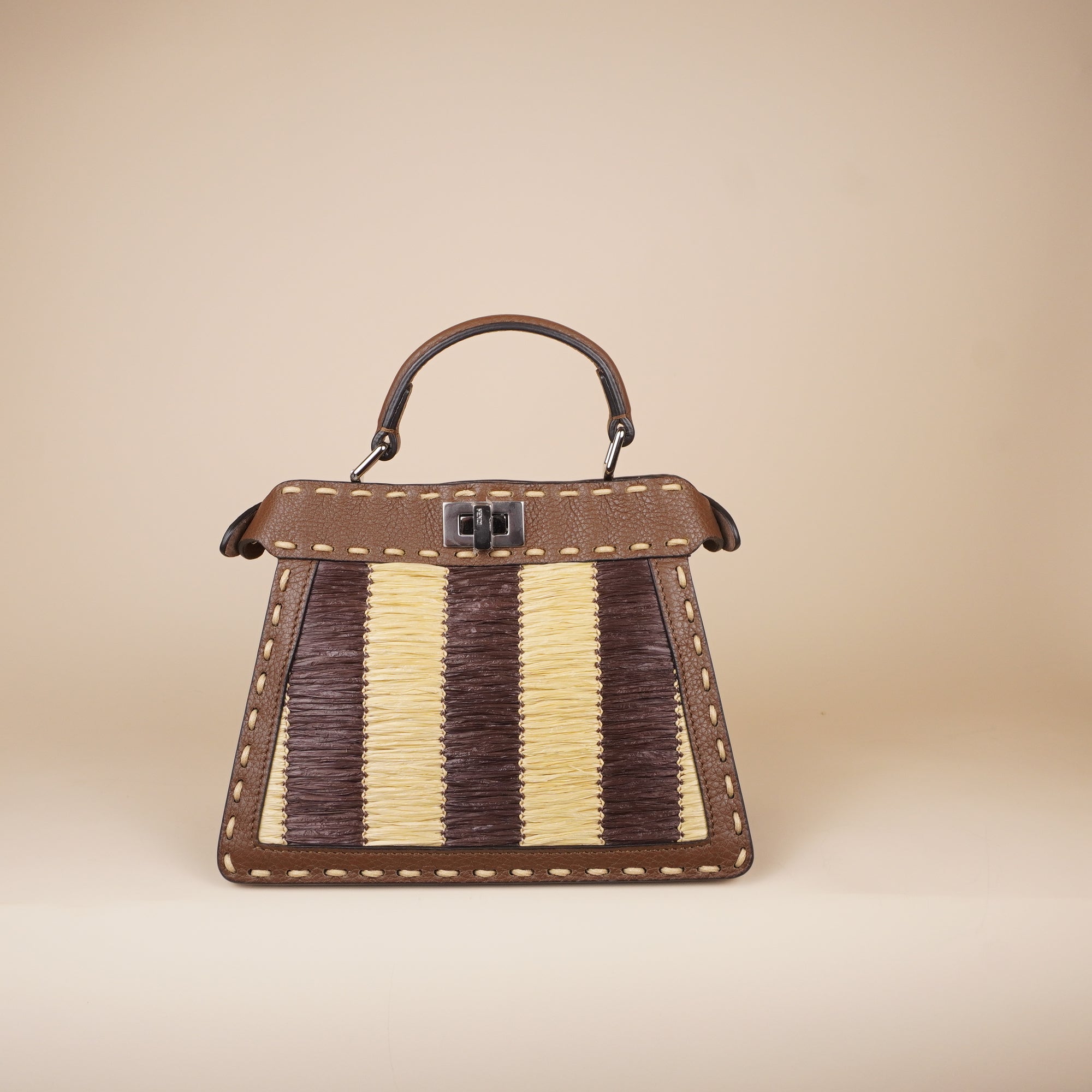 PRE-OWNED FF Cuoio Romano Raffia Woven Petite Peekaboo I SEE U Satchel in Natural and Gianduia.