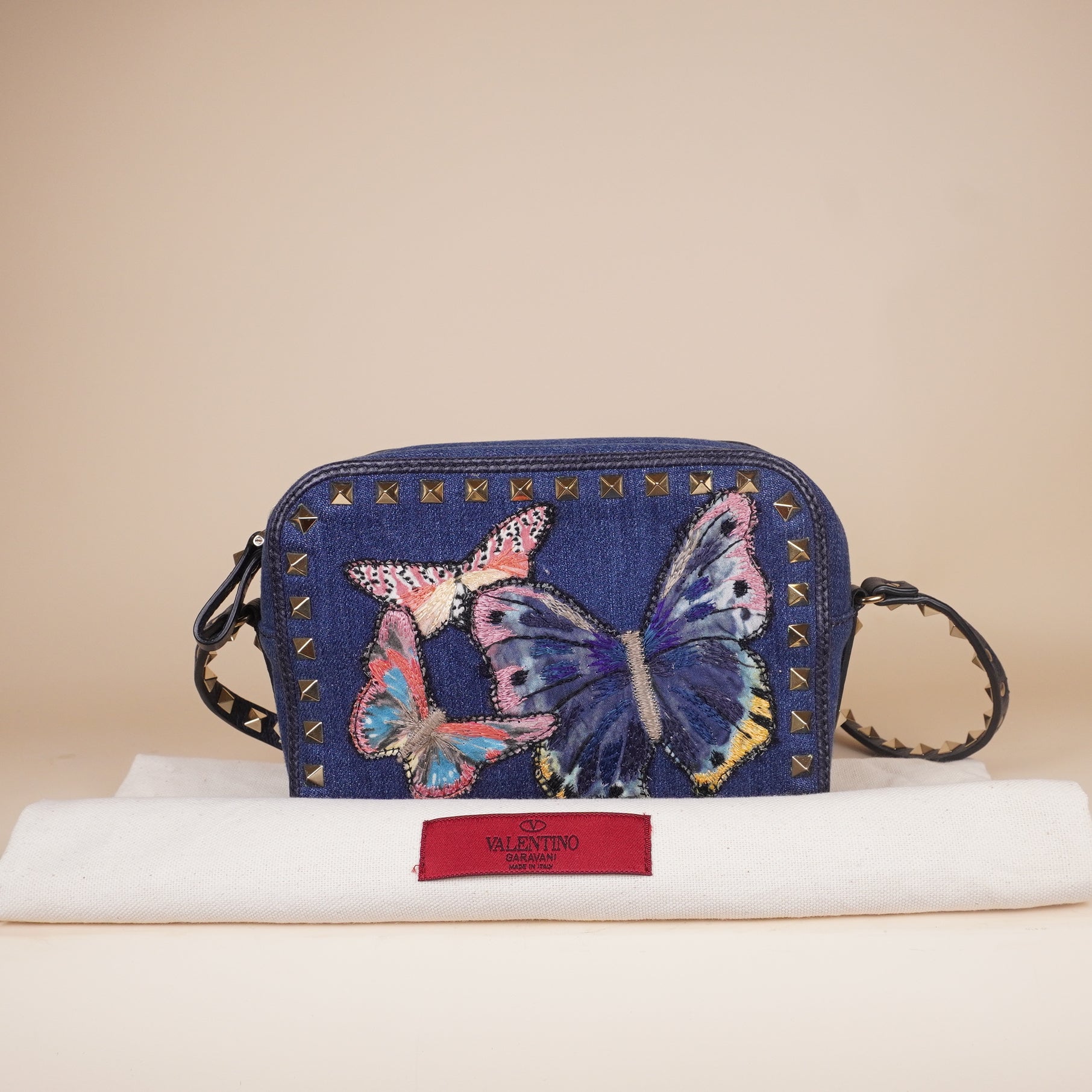 PRE-OWNED Rockstud Camera Crossbody Bag Denim with Butterfly Applique