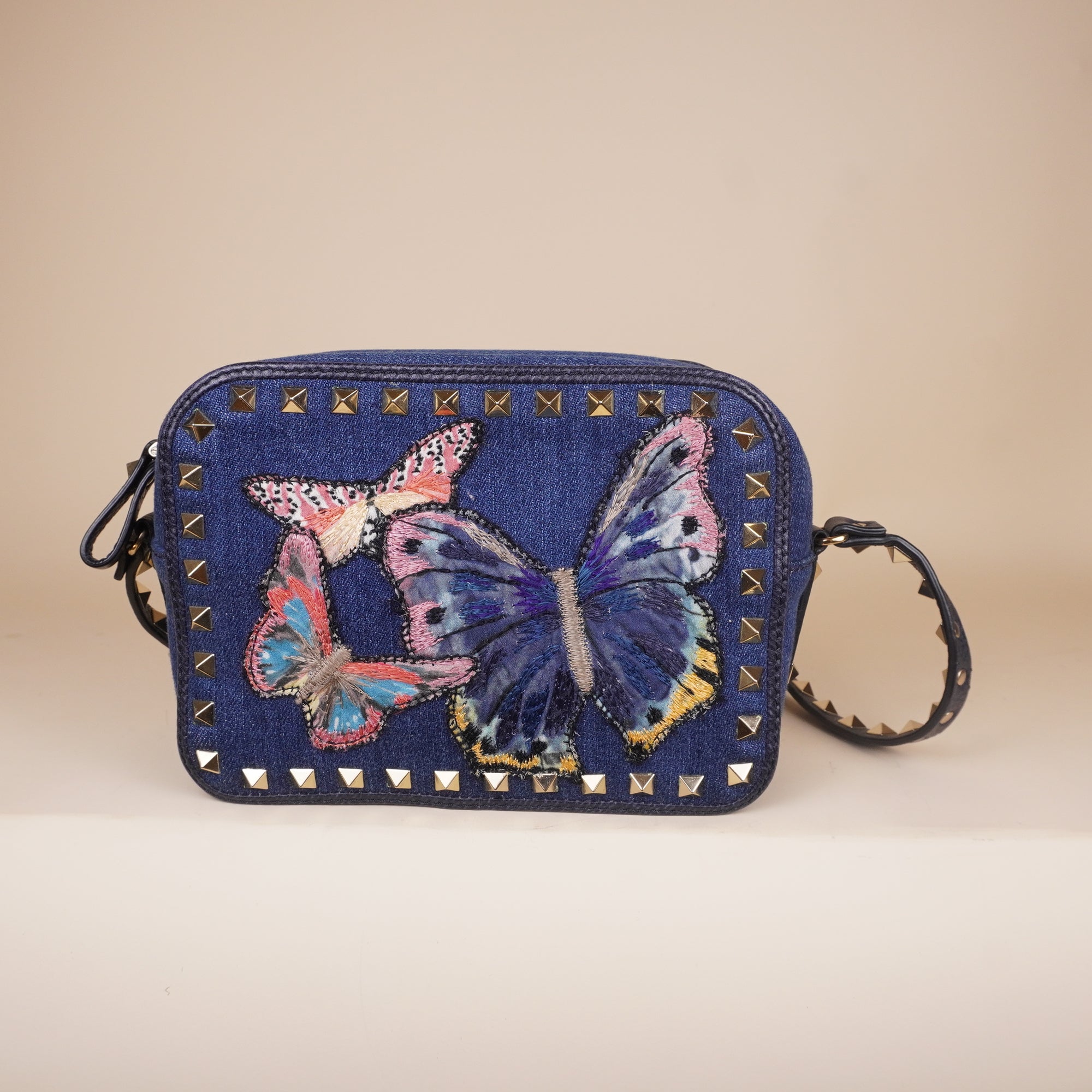 PRE-OWNED Rockstud Camera Crossbody Bag Denim with Butterfly Applique