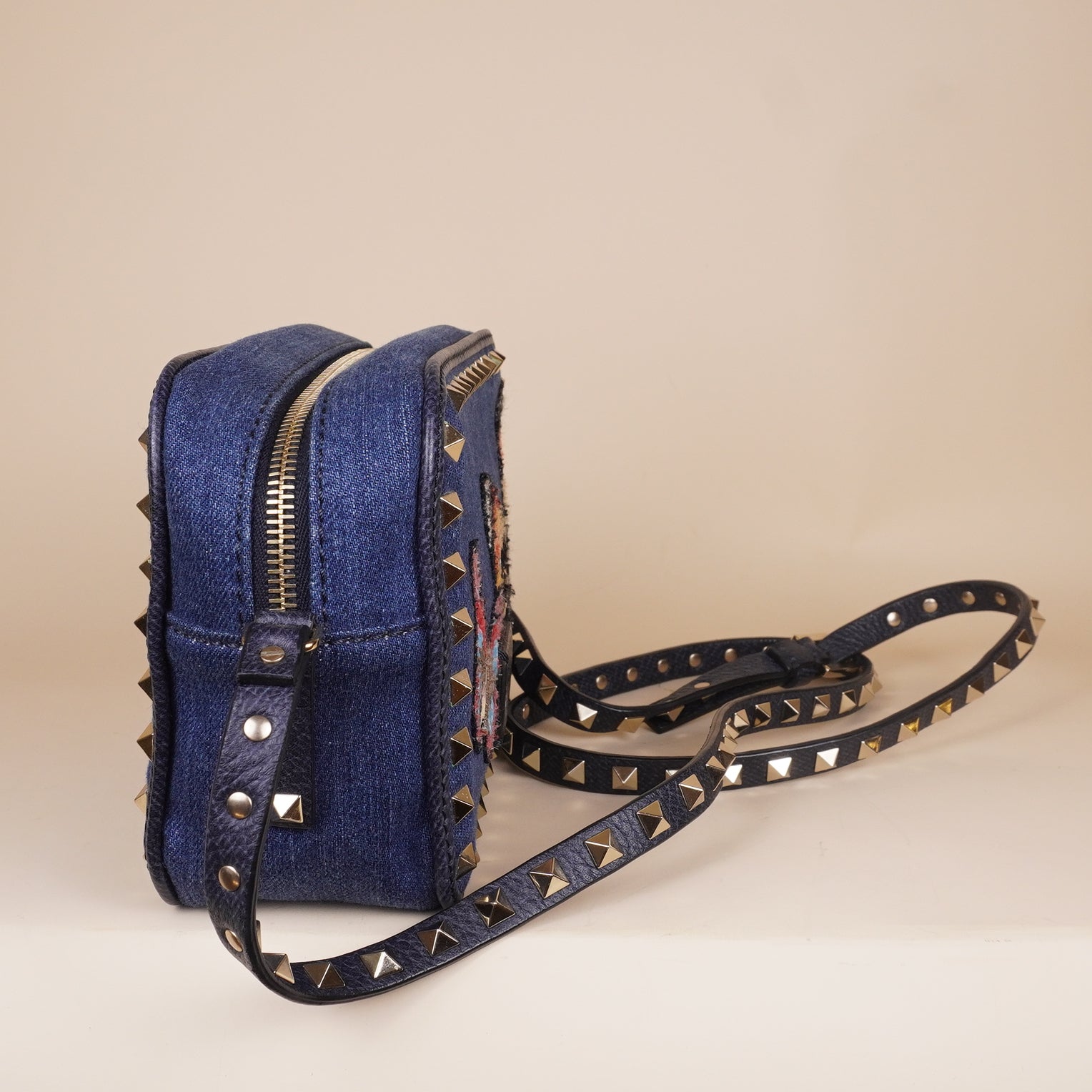 PRE-OWNED Rockstud Camera Crossbody Bag Denim with Butterfly Applique