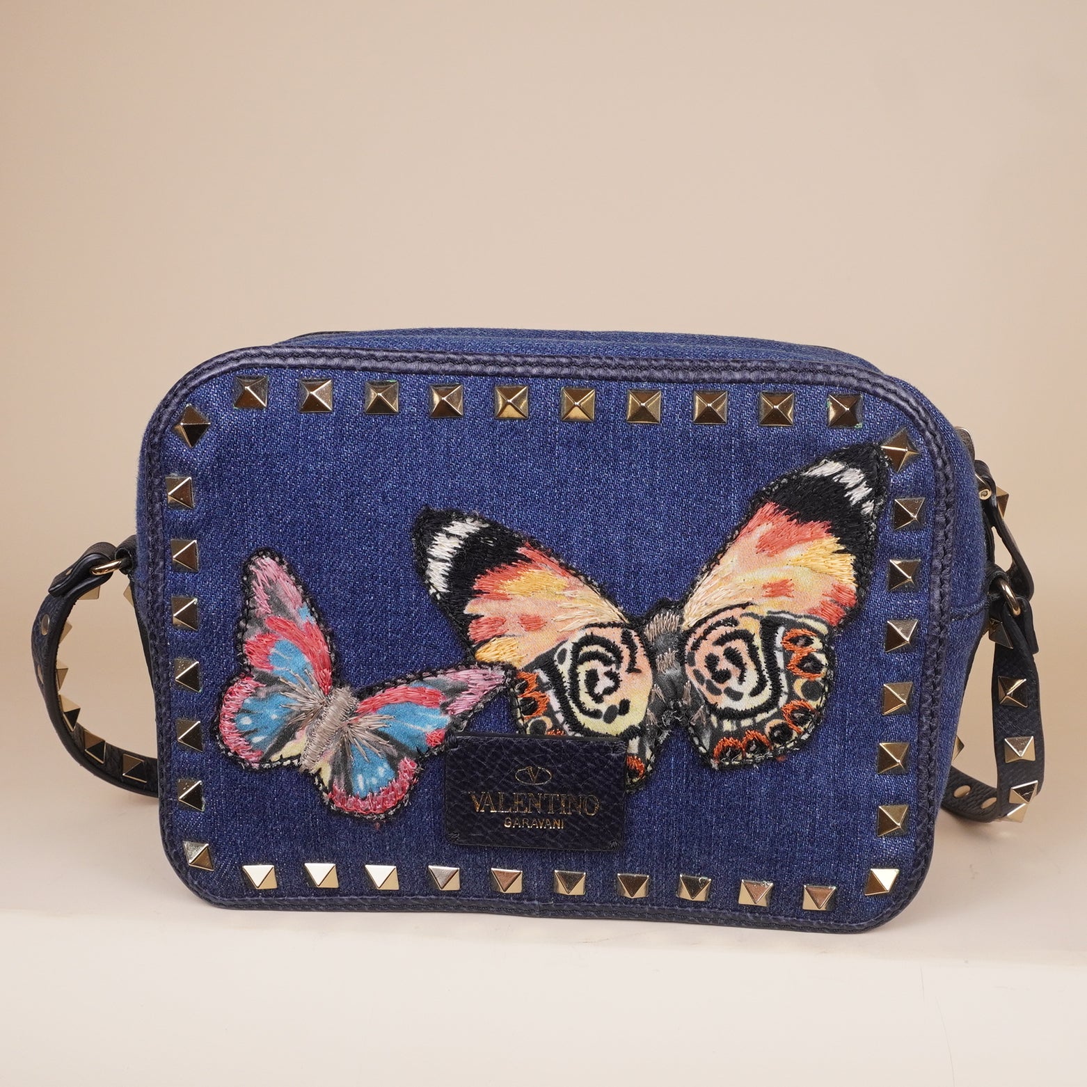 PRE-OWNED Rockstud Camera Crossbody Bag Denim with Butterfly Applique