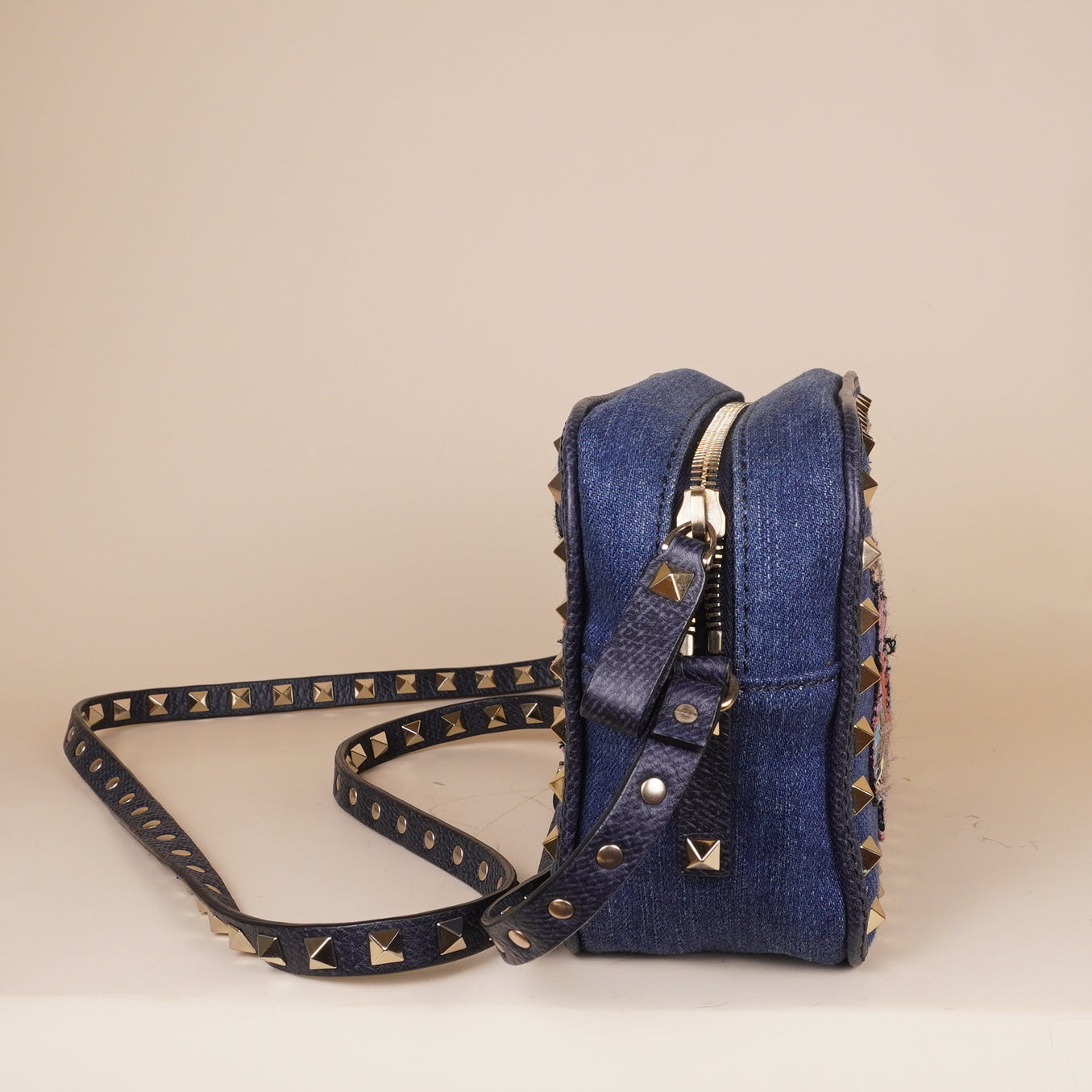 PRE-OWNED Rockstud Camera Crossbody Bag Denim with Butterfly Applique