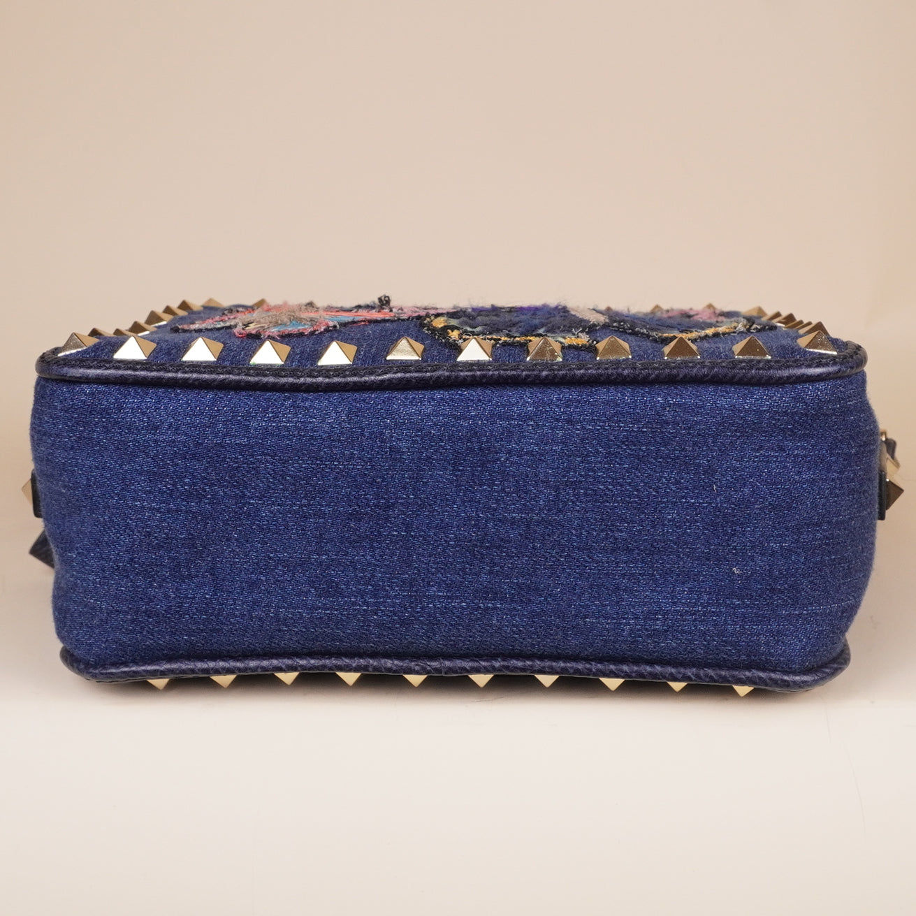 PRE-OWNED Rockstud Camera Crossbody Bag Denim with Butterfly Applique