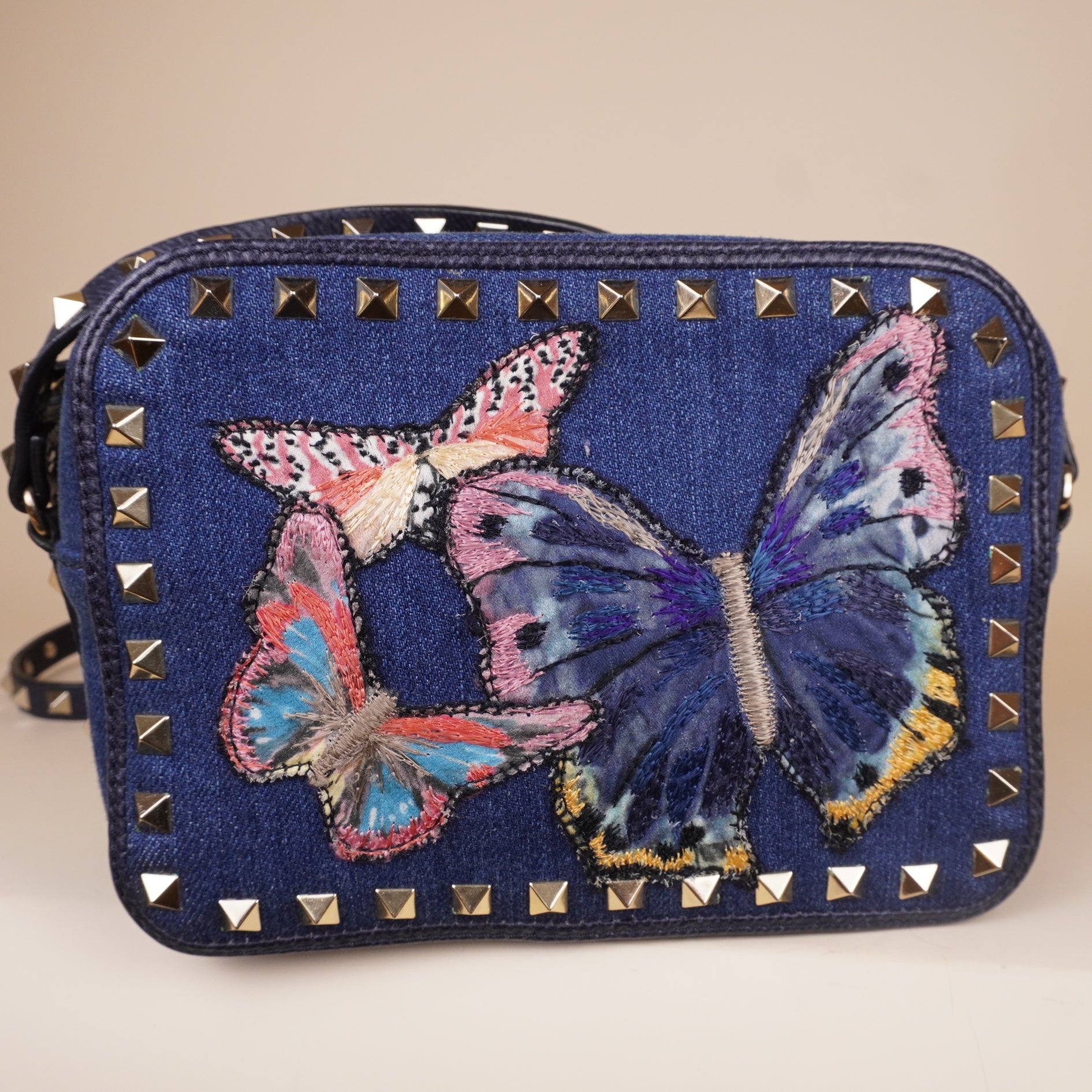 PRE-OWNED Rockstud Camera Crossbody Bag Denim with Butterfly Applique