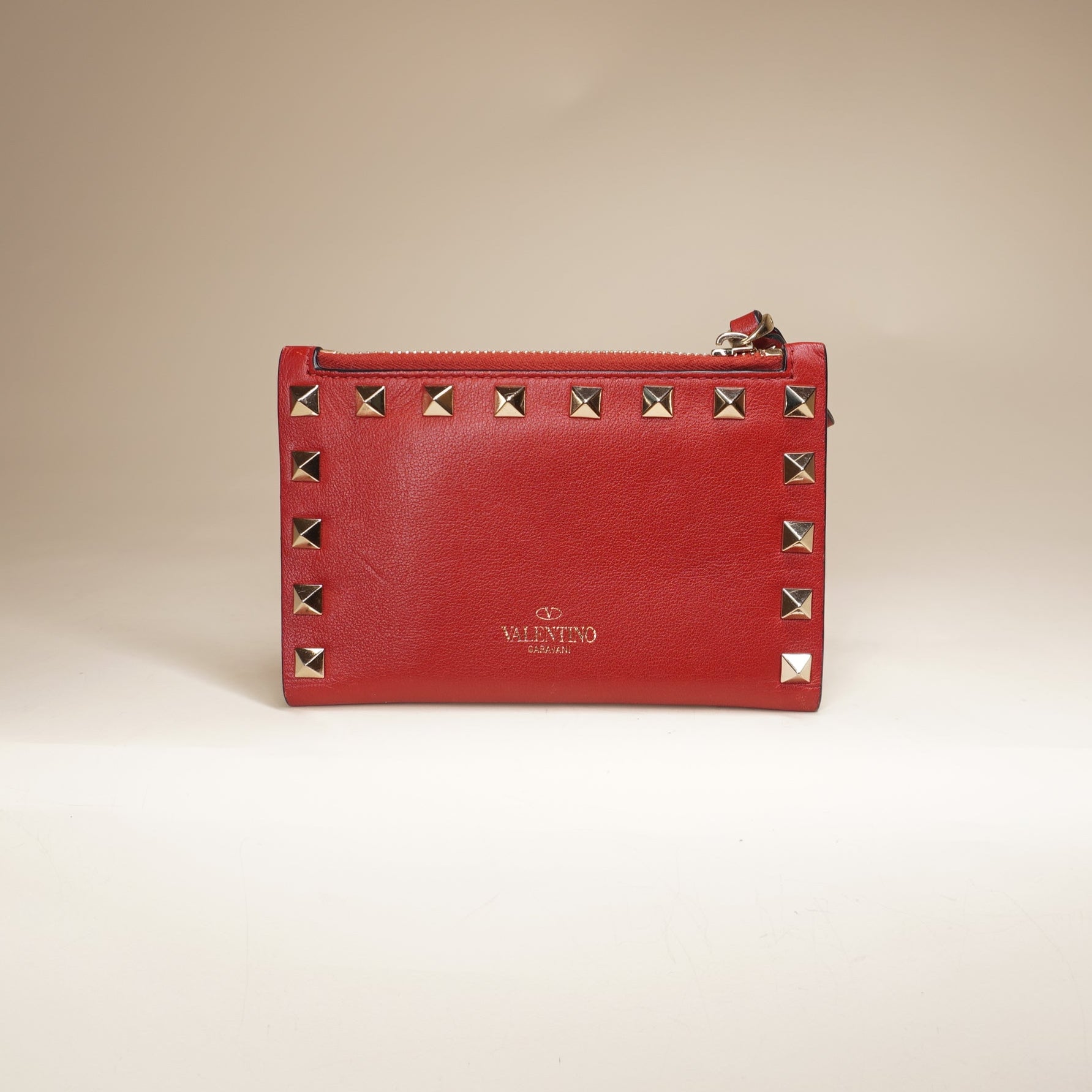 PRE-OWNED Rockstud Grained Calfskin Red Short Wallet