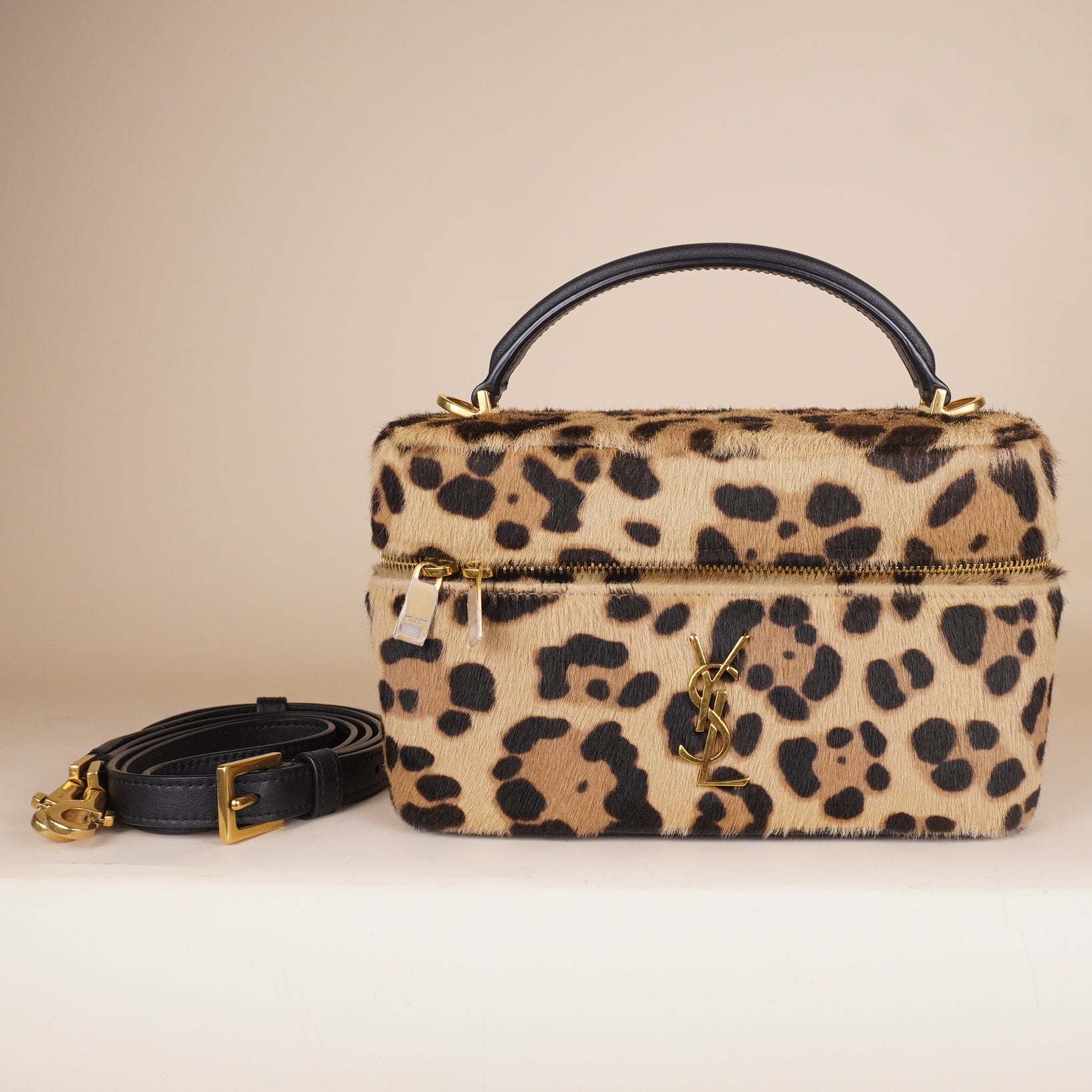 PRE-OWNED Pony Hair Leopard Print Mini Gaby Vanity Case Brown Black