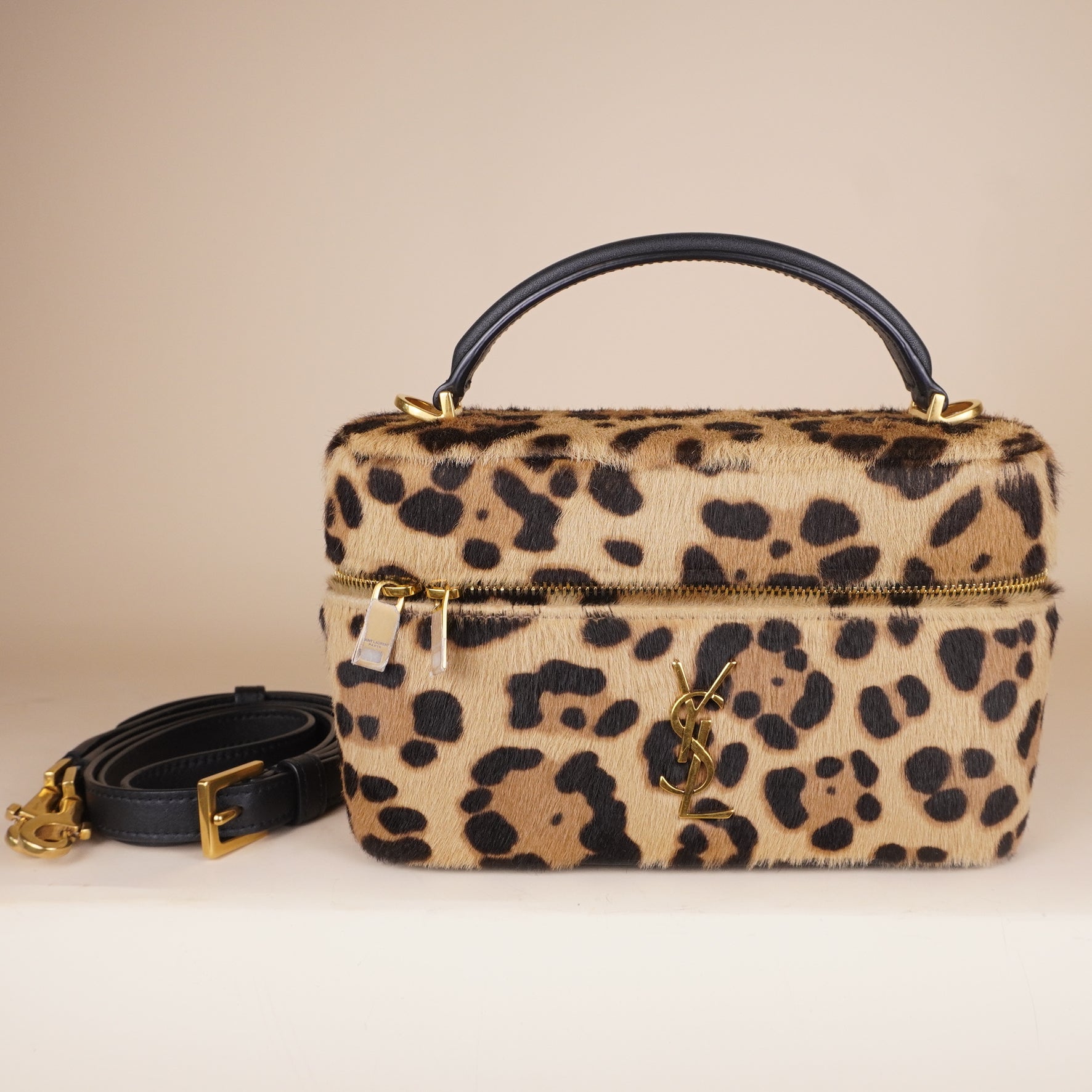 PRE-OWNED Pony Hair Leopard Print Mini Gaby Vanity Case Brown Black