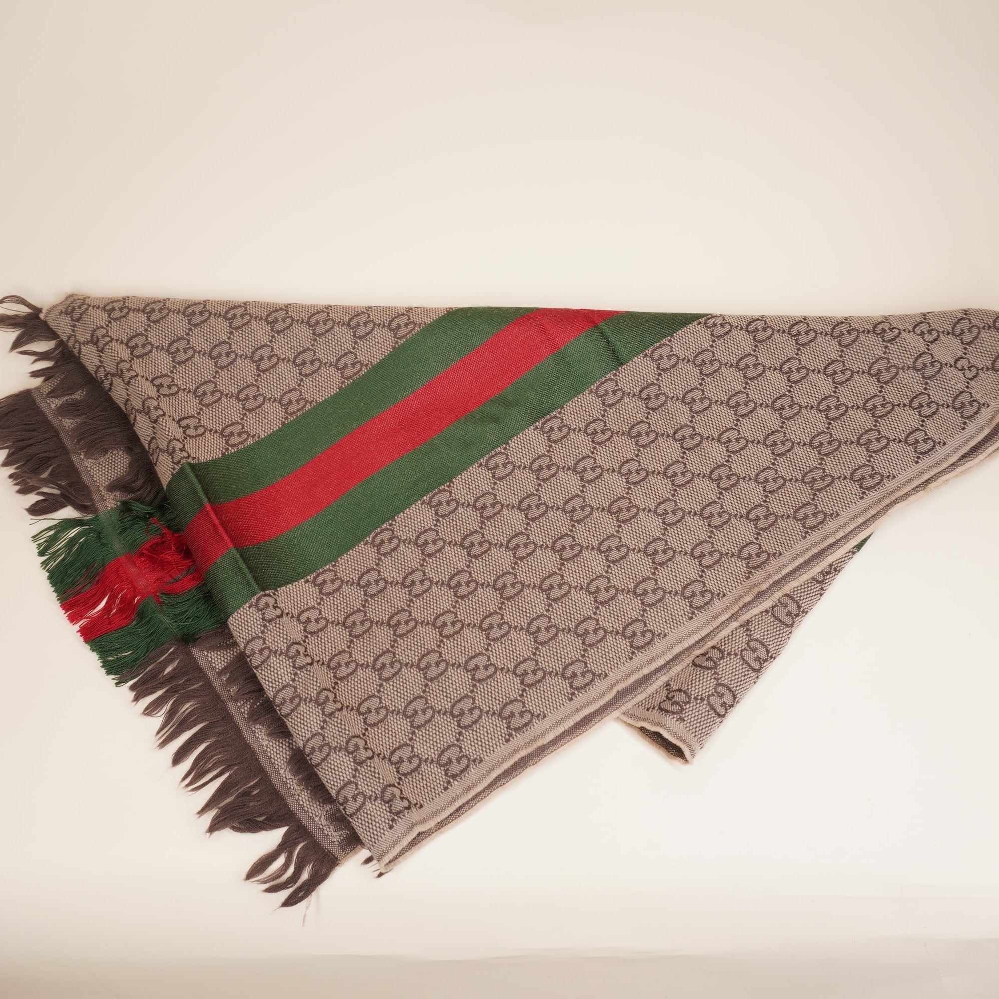 PRE-OWNED Gg Brown Web Striped GG Jacquard Knit Wool & Silk Scarf