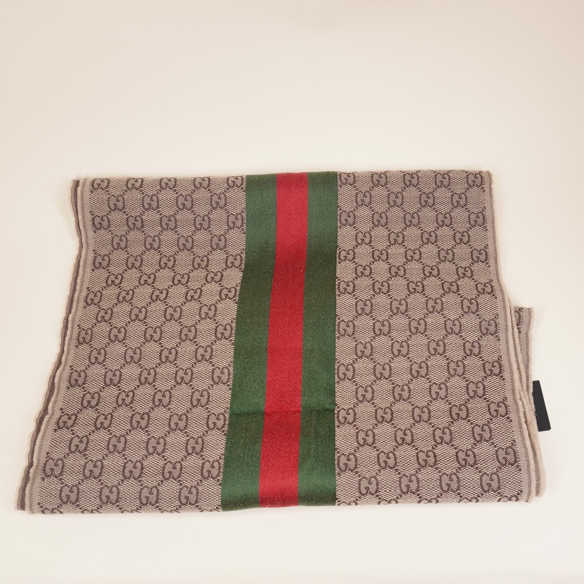 PRE-OWNED Gg Brown Web Striped GG Jacquard Knit Wool & Silk Scarf