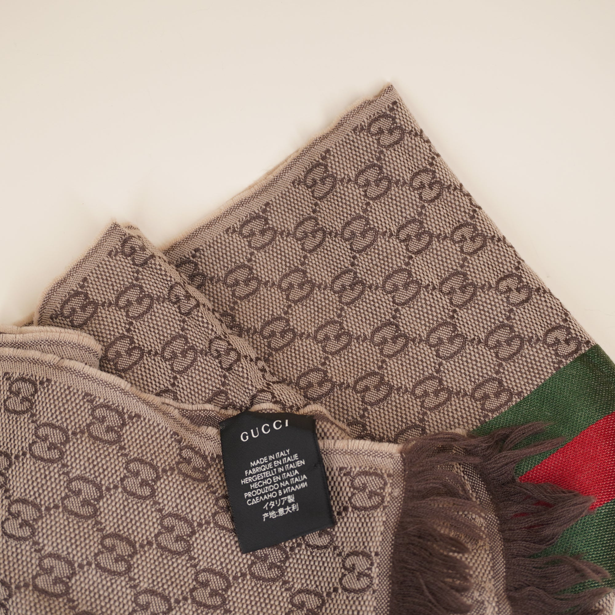 PRE-OWNED Gg Brown Web Striped GG Jacquard Knit Wool & Silk Scarf