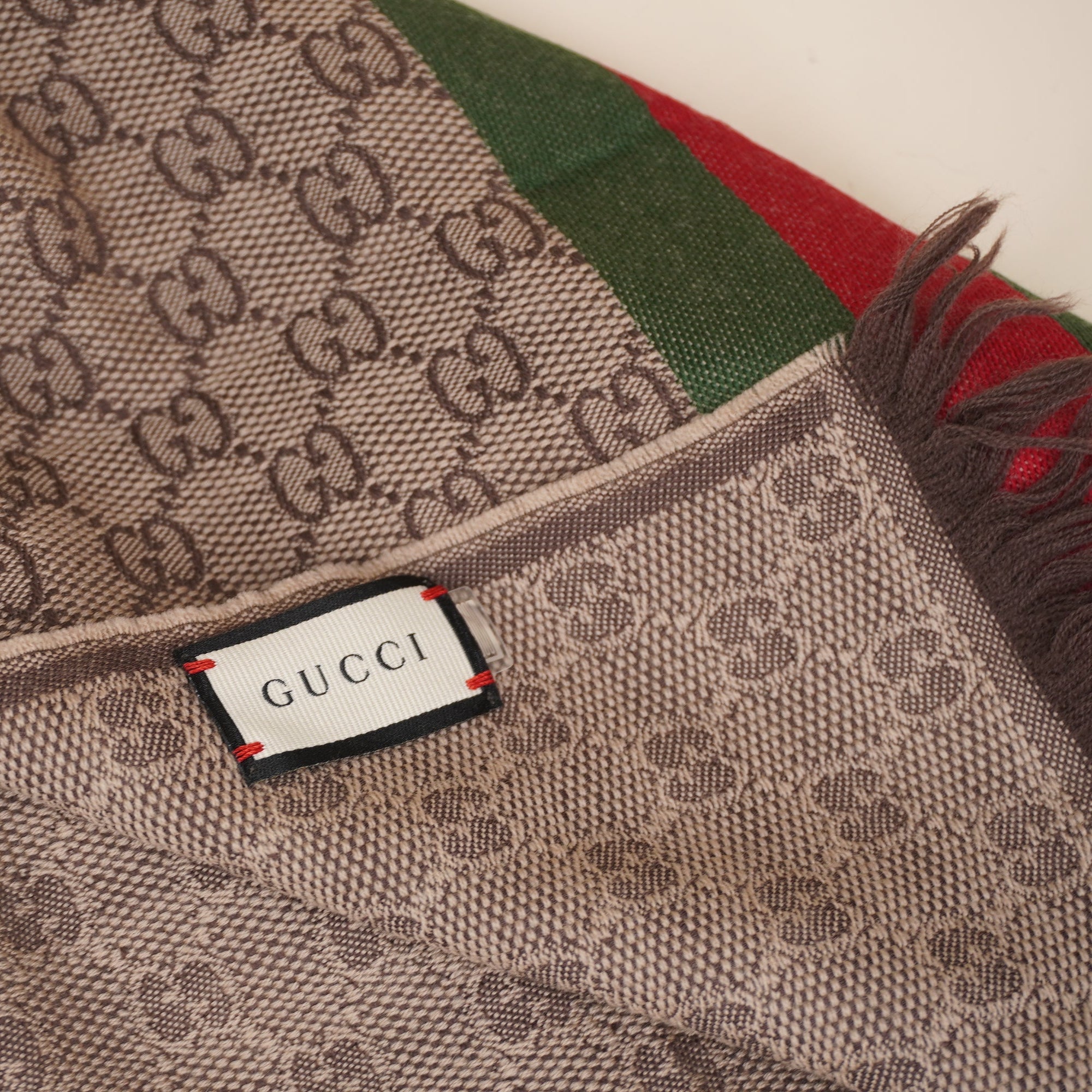 PRE-OWNED Gg Brown Web Striped GG Jacquard Knit Wool & Silk Scarf