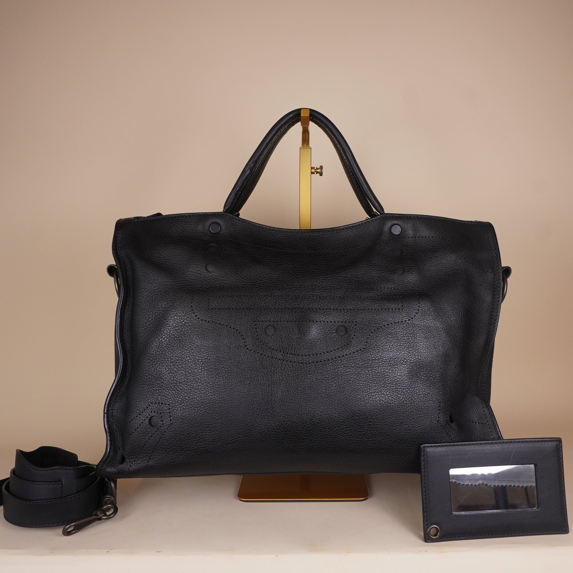 PRE-OWNED Black City Veau Soyeux Perforated Blackout Hardware Shoulder Bag