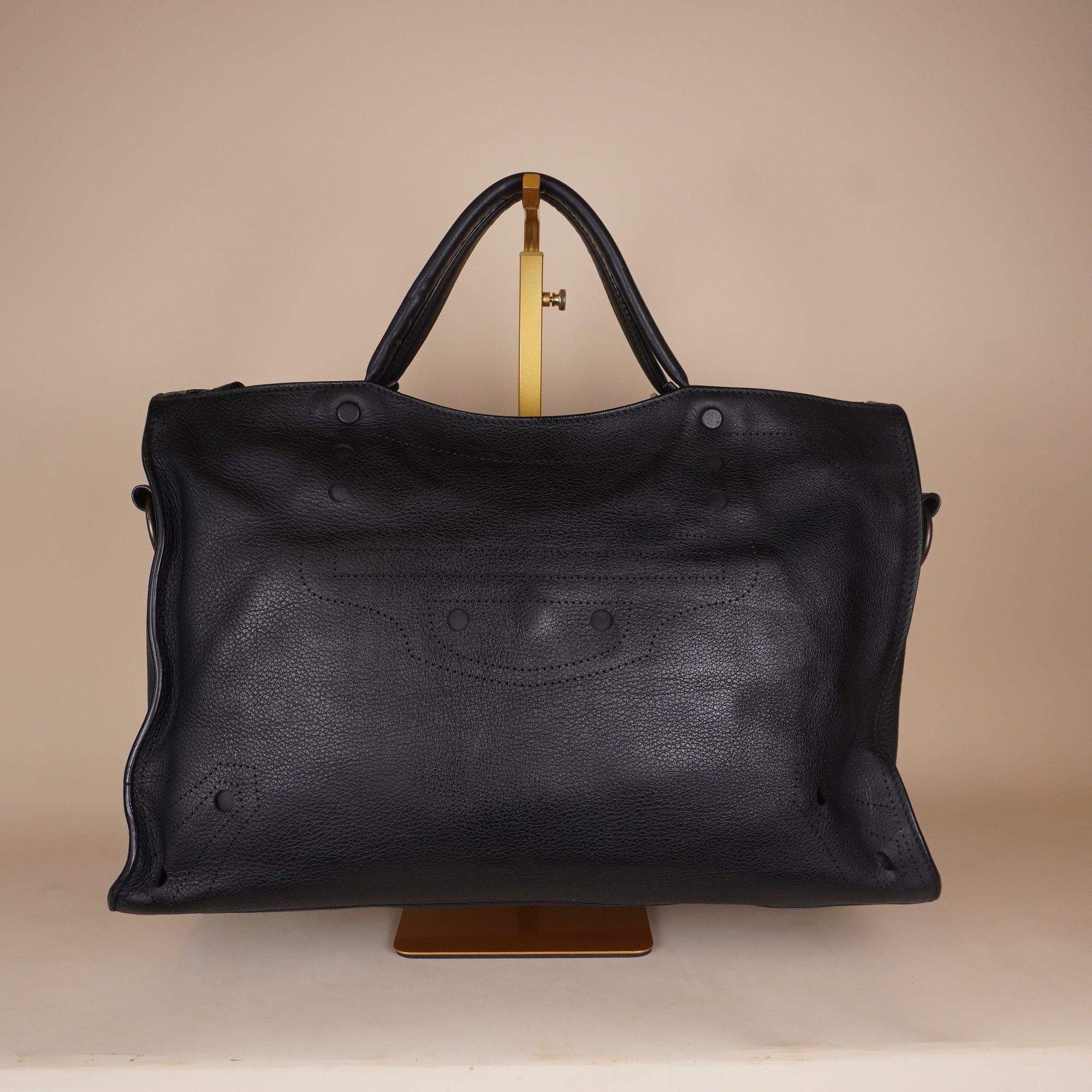 PRE-OWNED Black City Veau Soyeux Perforated Blackout Hardware Shoulder Bag