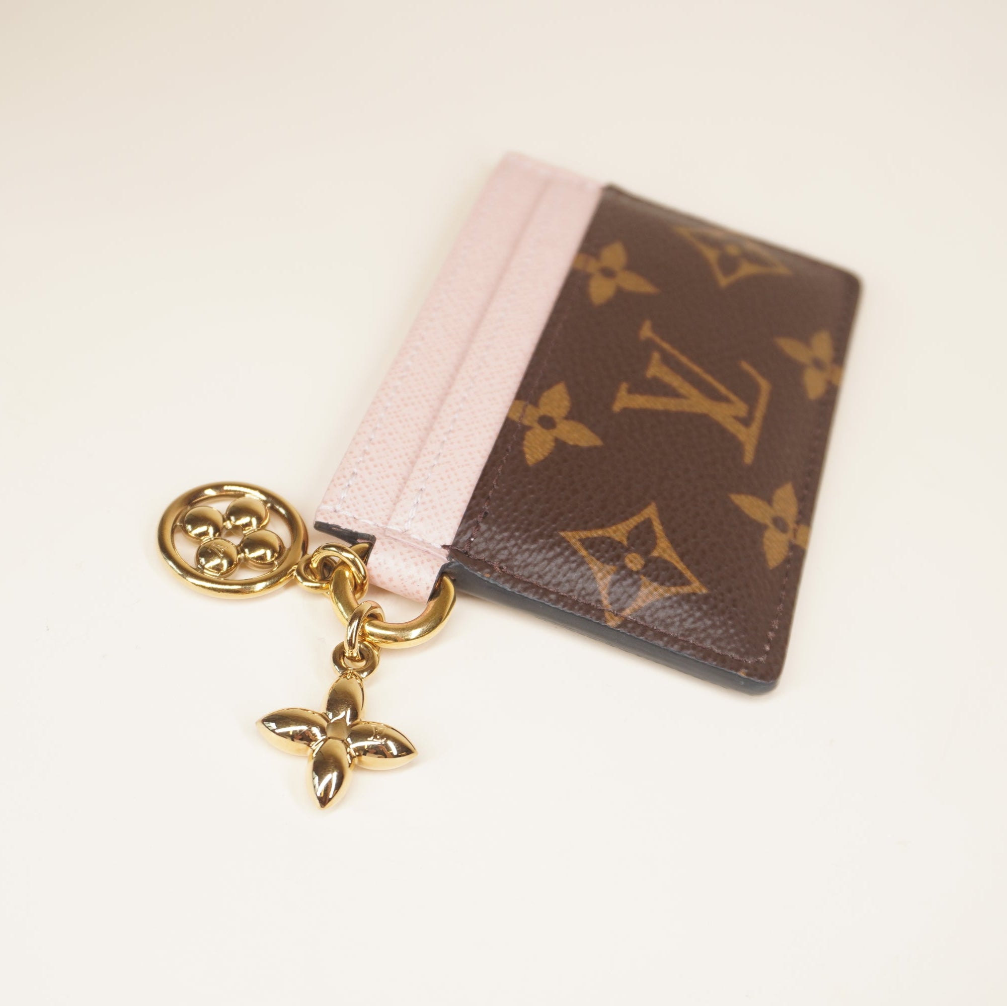 PRE-OWNED Monogram LV Charms Card Holder Rose Ballerine