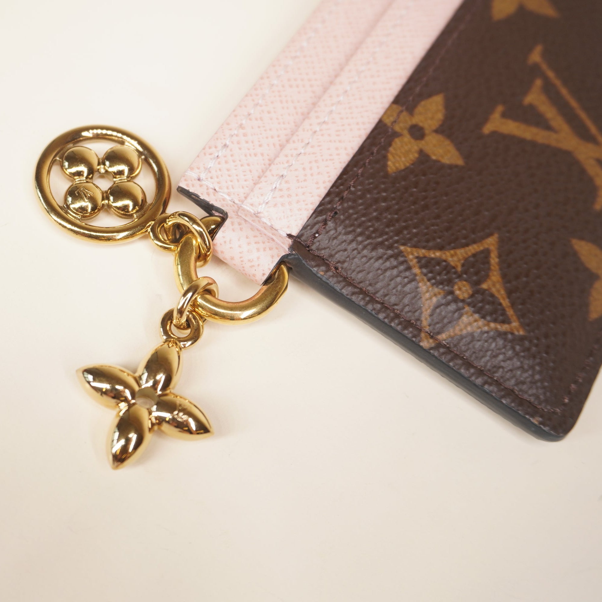 PRE-OWNED Monogram LV Charms Card Holder Rose Ballerine