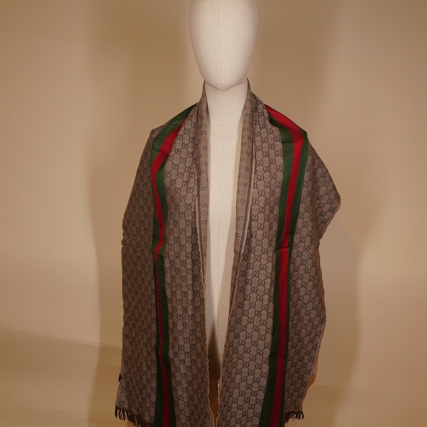 PRE-OWNED Gg Brown Web Striped GG Jacquard Knit Wool & Silk Scarf