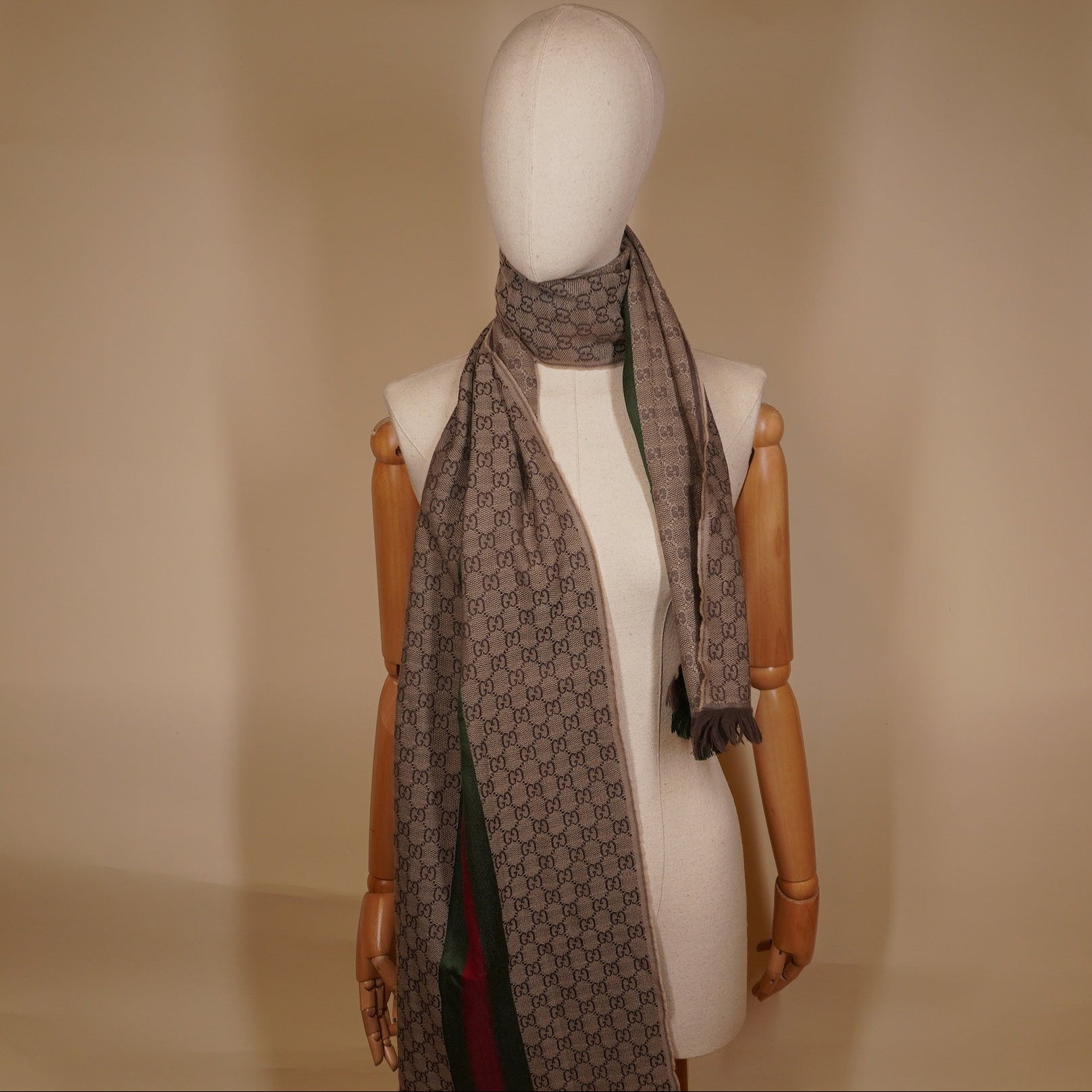 PRE-OWNED Gg Brown Web Striped GG Jacquard Knit Wool & Silk Scarf