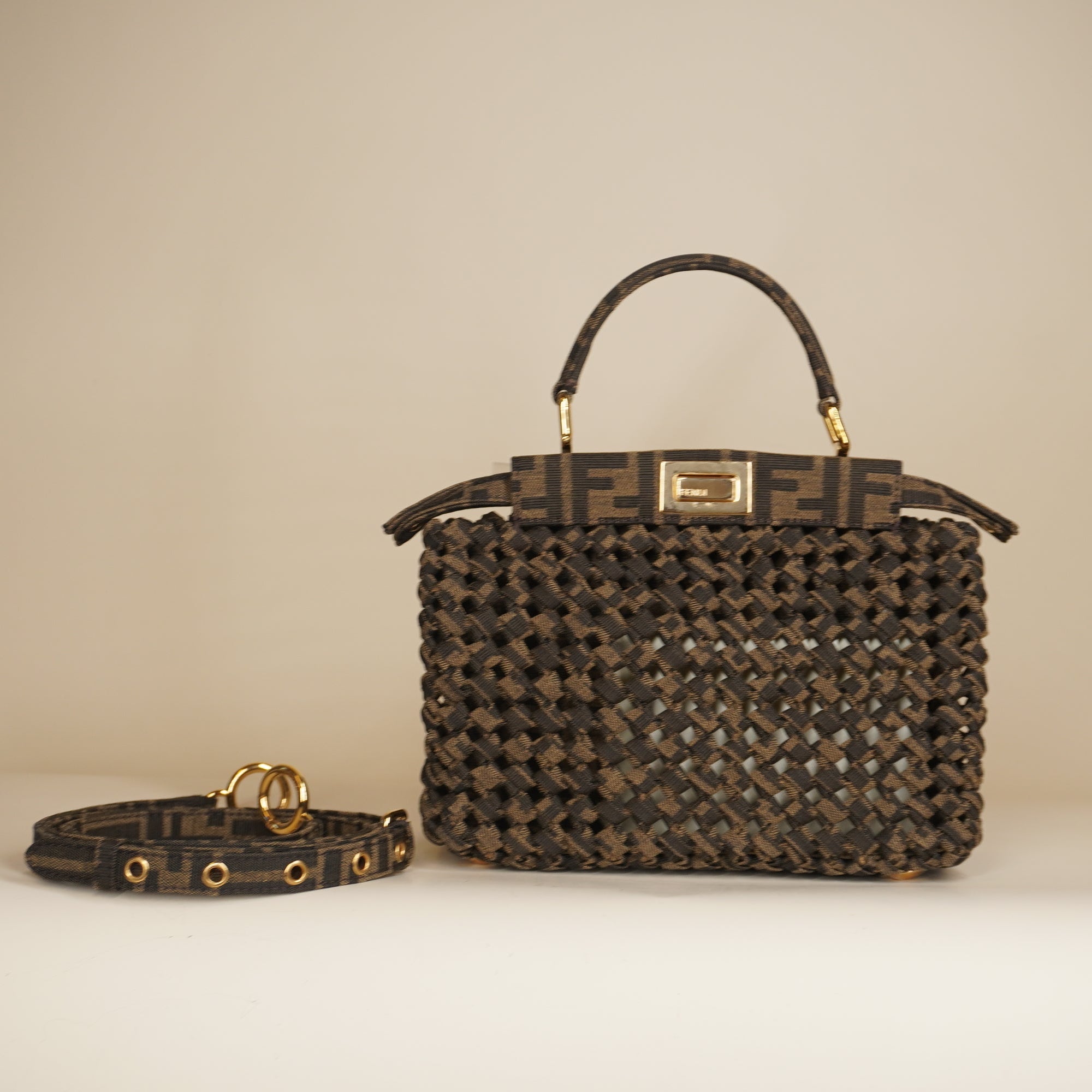 PRE-OWNED Fabric Jacquard FF 1974 Woven Knotted Mini Peekaboo Iconic Satchel Shoulder Bag 
