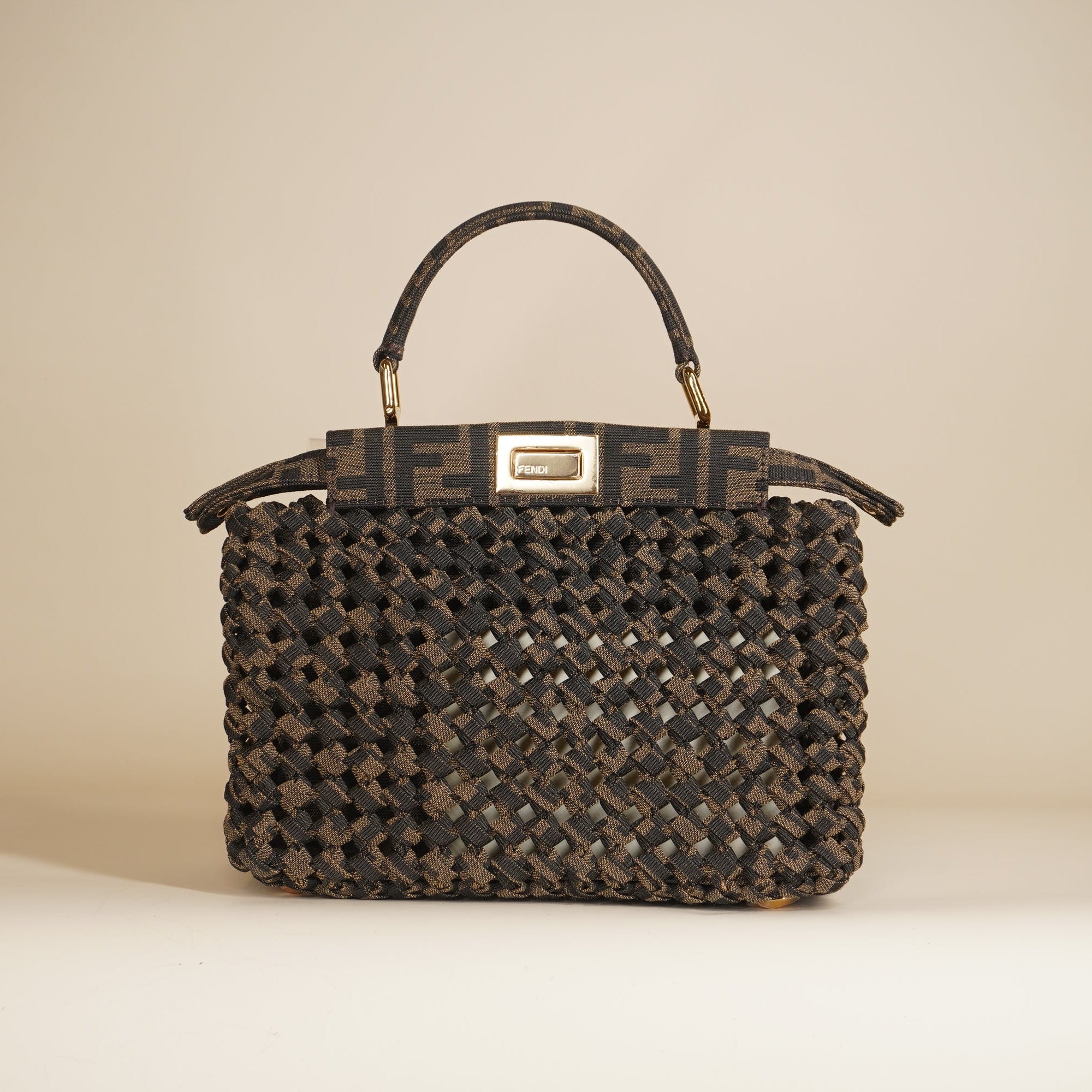 PRE-OWNED Fabric Jacquard FF 1974 Woven Knotted Mini Peekaboo Iconic Satchel Shoulder Bag 