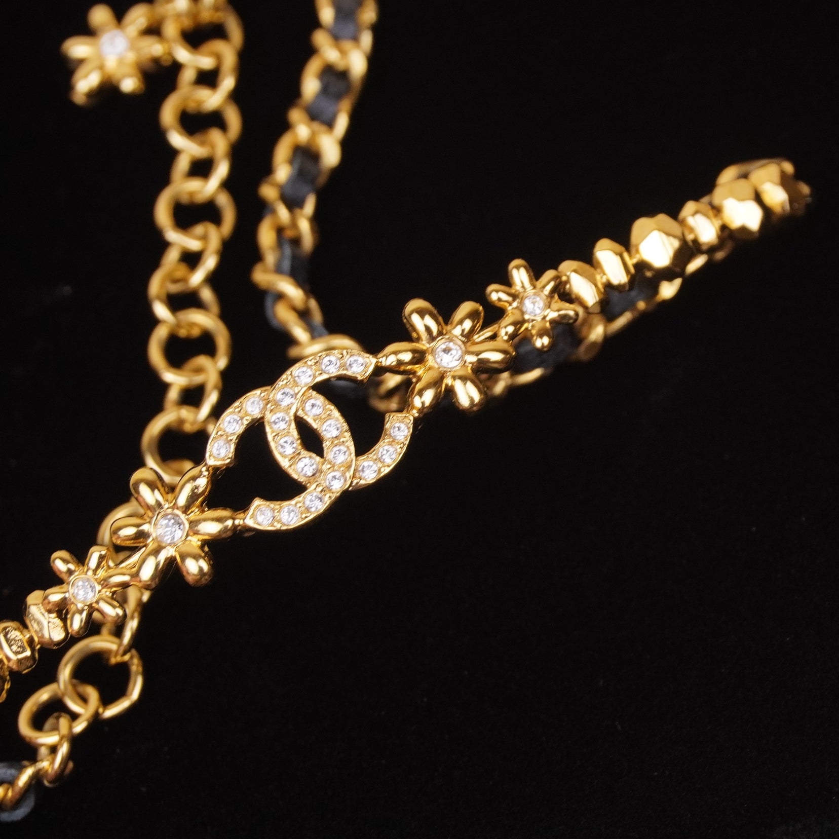 PRE-OWNED CC Coco Mark Choker Rhinestone Leather Necklace Gold
