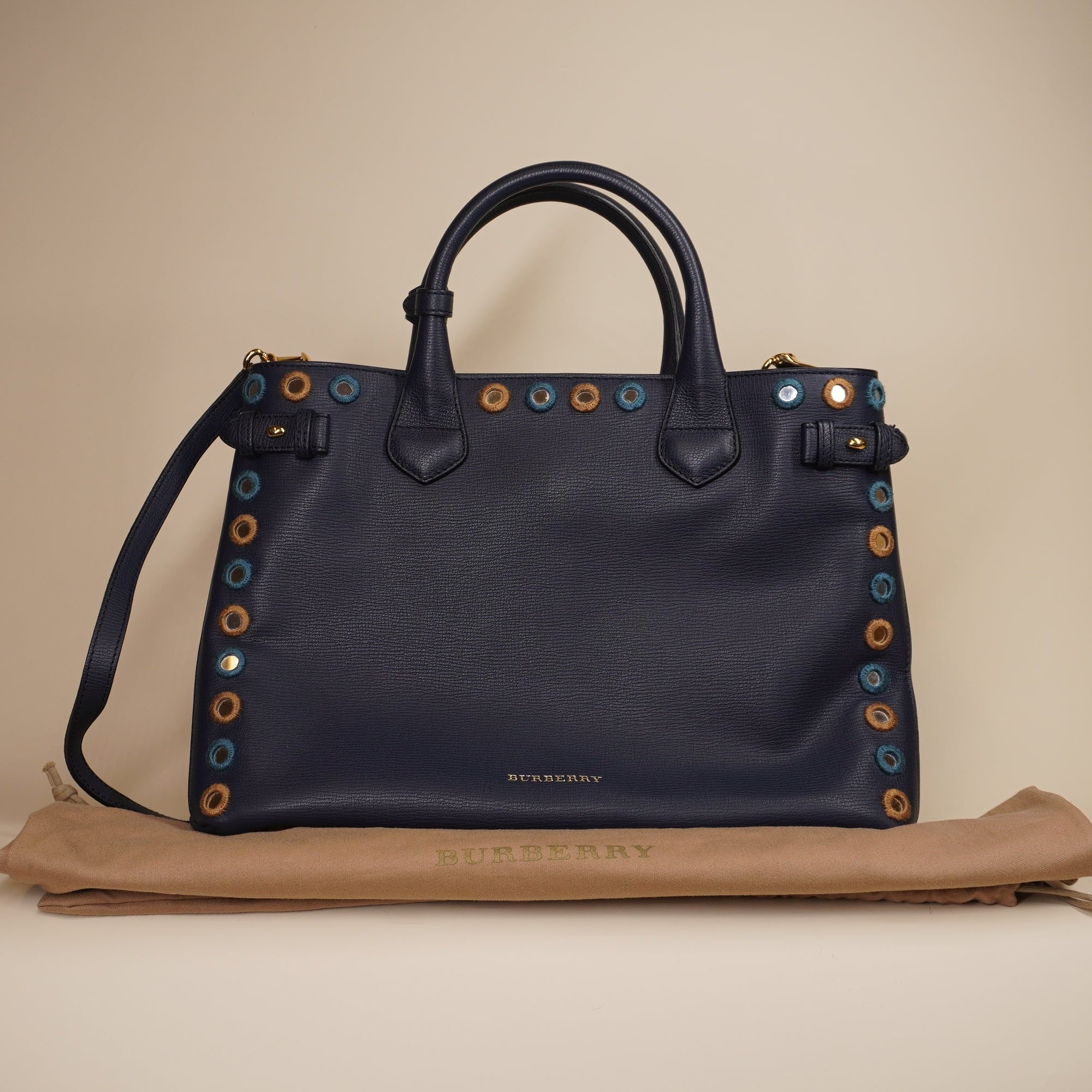 PRE-OWNED Navy Leather Banner Shoulder Bag