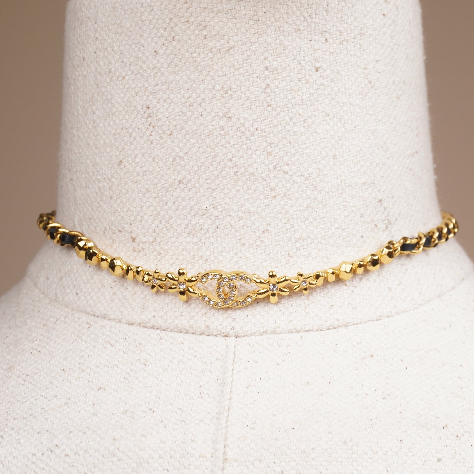 PRE-OWNED CC Coco Mark Choker Rhinestone Leather Necklace Gold