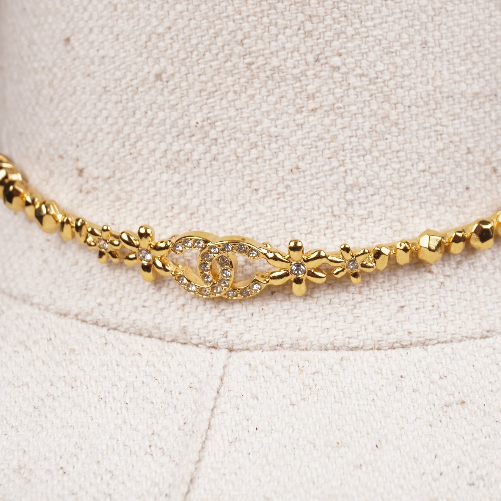 PRE-OWNED CC Coco Mark Choker Rhinestone Leather Necklace Gold