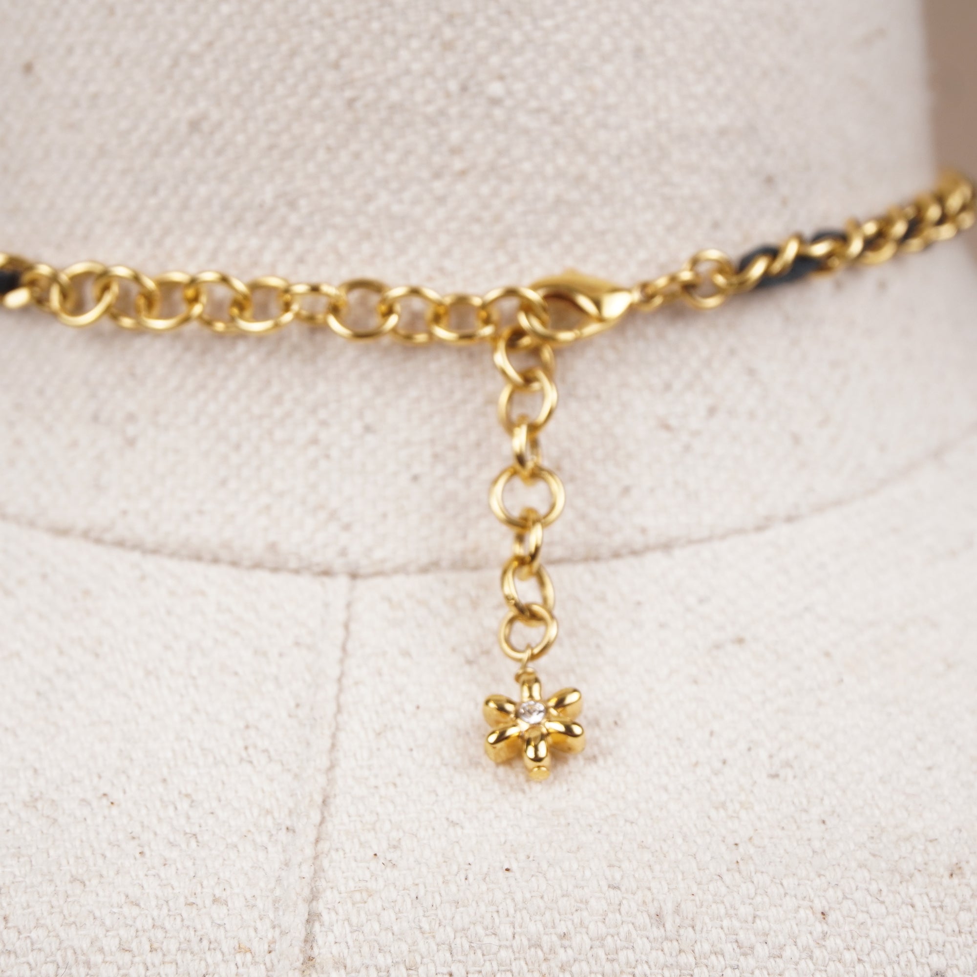 PRE-OWNED CC Coco Mark Choker Rhinestone Leather Necklace Gold